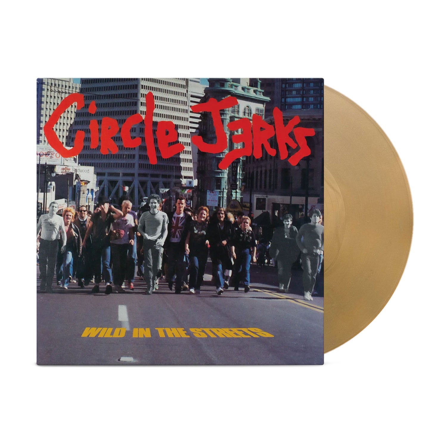 A gold vinyl record partially slides from its sleeve. The Circle Jerks Deluxe Anniversary Edition LP shows people running on a city street, with "Wild In The Streets" in bold graffiti-style text on the cover.