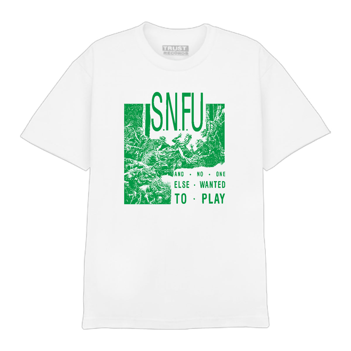 White SNFU T-shirt by American Apparel featuring a green "SNFU" graphic, the phrase "And no one else wanted to play," and an illustrated scene of people in motion. Ideal for fans of unique printed styles.