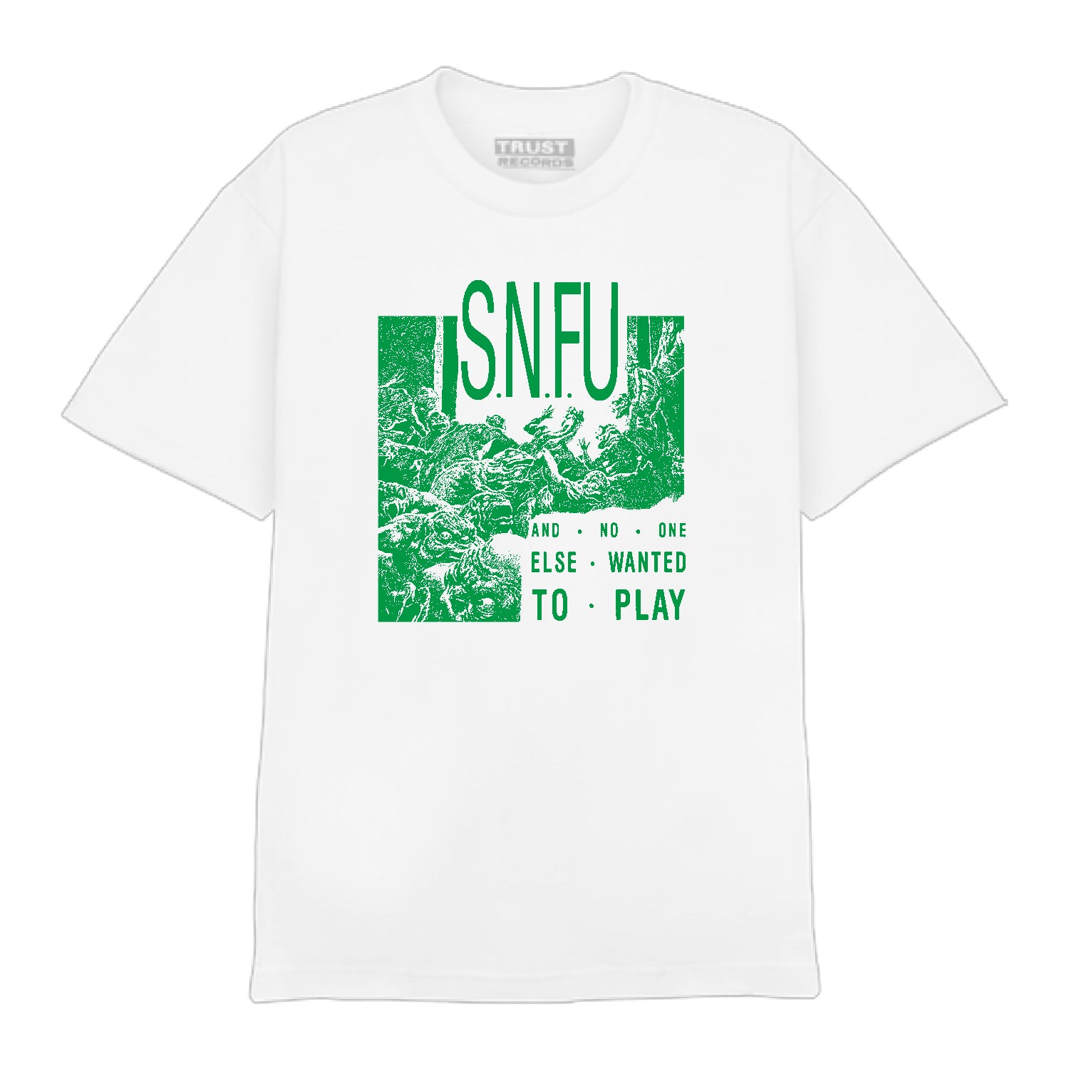 White SNFU T-shirt by American Apparel featuring a green "SNFU" graphic, the phrase "And no one else wanted to play," and an illustrated scene of people in motion. Ideal for fans of unique printed styles.