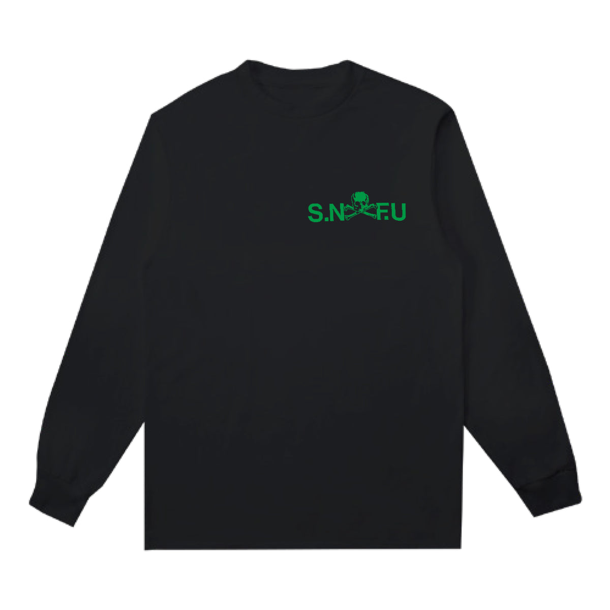 A black long-sleeve SNFU shirt with green SNFU print and a small skull graphic on the left chest—ideal for fans of unique printed apparel.