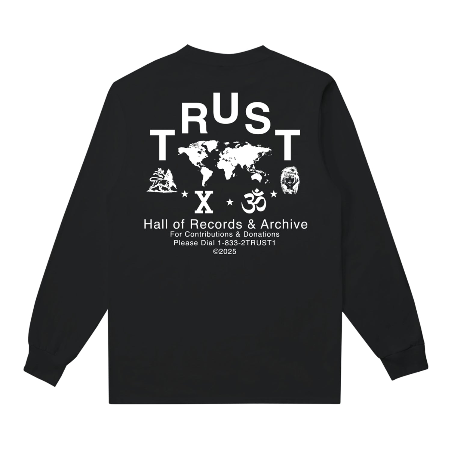 A Black Long Sleeve T-shirt from Trust Records features white text and graphics, including RUST, TRUST, a world map, small symbols, and Hall Of Records on the left chest for an archive-inspired style.