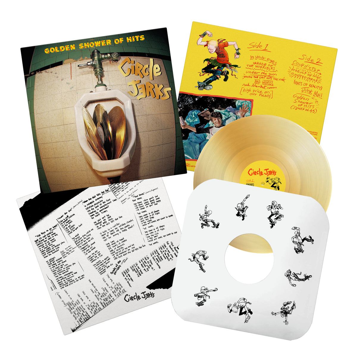 A remastered analog vinyl set of Golden Shower of Hits by Circle Jerks, featuring a Trust Records exclusive yellow vinyl, banana-in-urinal cover art, lyric sheets, extra artwork, and inserts.