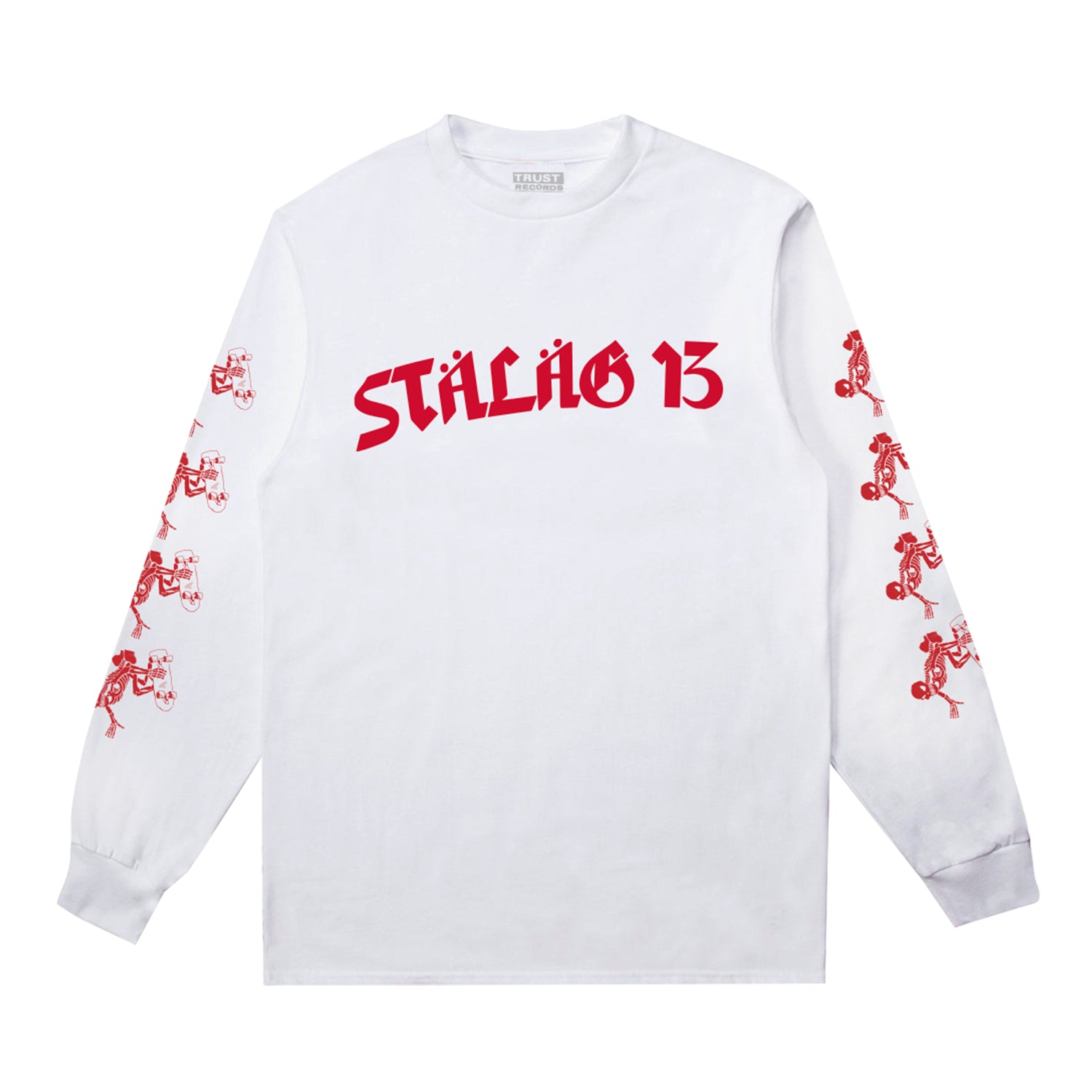 Stalag 13 white longsleeve featuring bold red “STÄLÄG 13” text on the chest and red cartoon-style figures running along both sleeves.