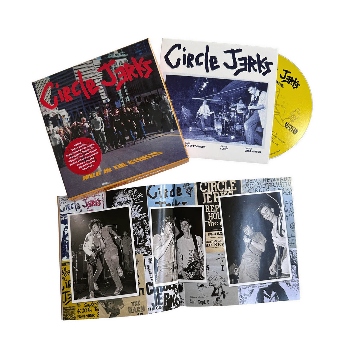 The Circle Jerks Wild In The Streets Deluxe Edition box set includes exclusive cover art, a yellow vinyl record, a booklet with black-and-white band photos, and an Anniversary Edition CD with matching album artwork.