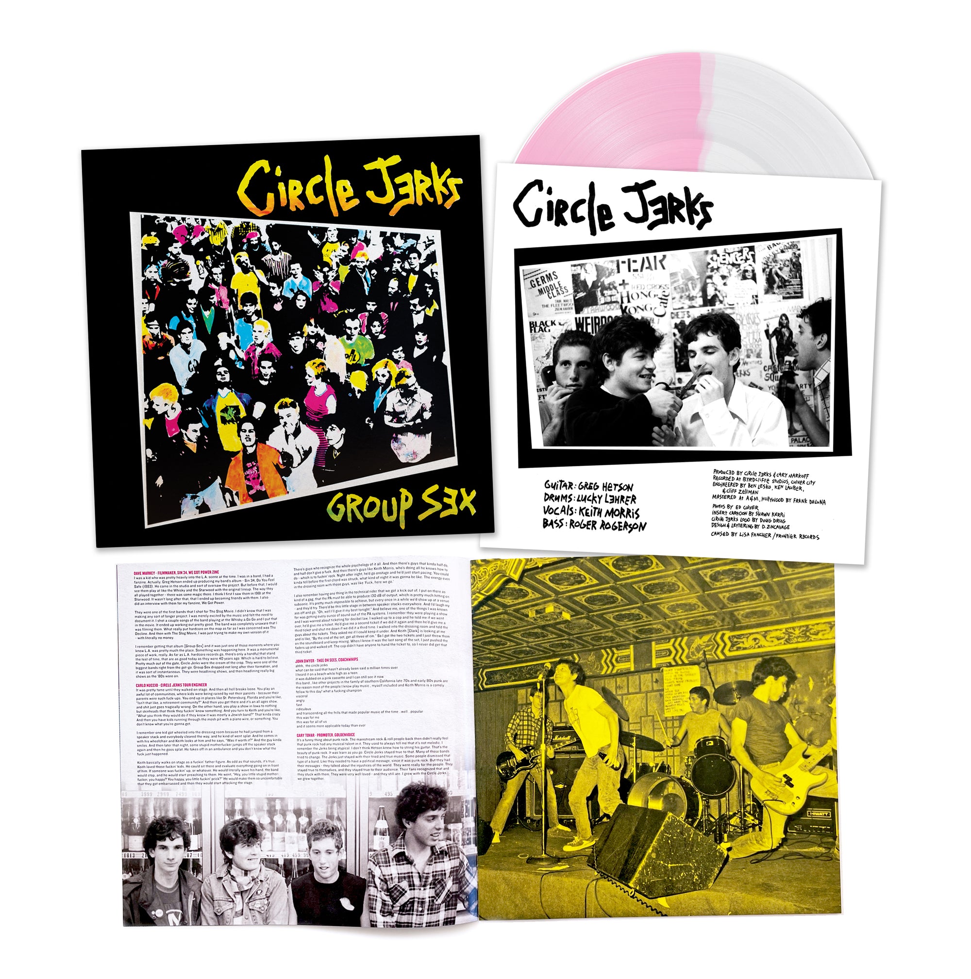 Circle Jerks Group Sex vinyl set features a pink and white marbled record, album cover with colorful crowd art, deluxe booklet with liner notes and band photos, plus a yellow-tinted live photo. Limited pressing by Circle Jerks.