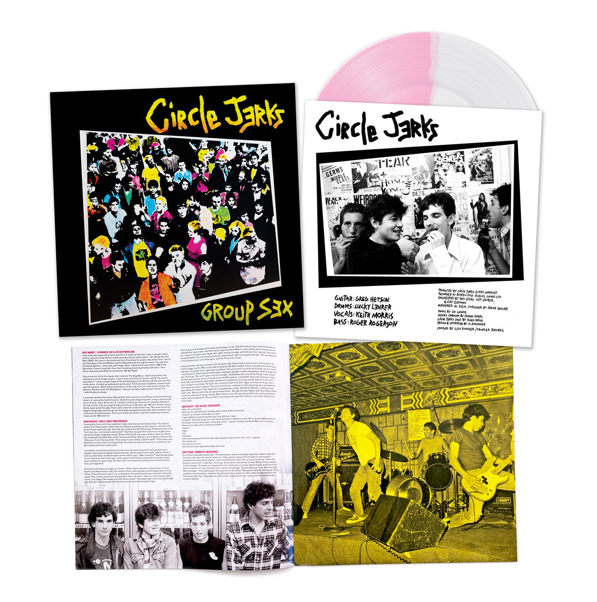 Circle Jerks Group Sex vinyl set features a pink and white marbled record, album cover with colorful crowd art, deluxe booklet with liner notes and band photos, plus a yellow-tinted live photo. Limited pressing by Circle Jerks.