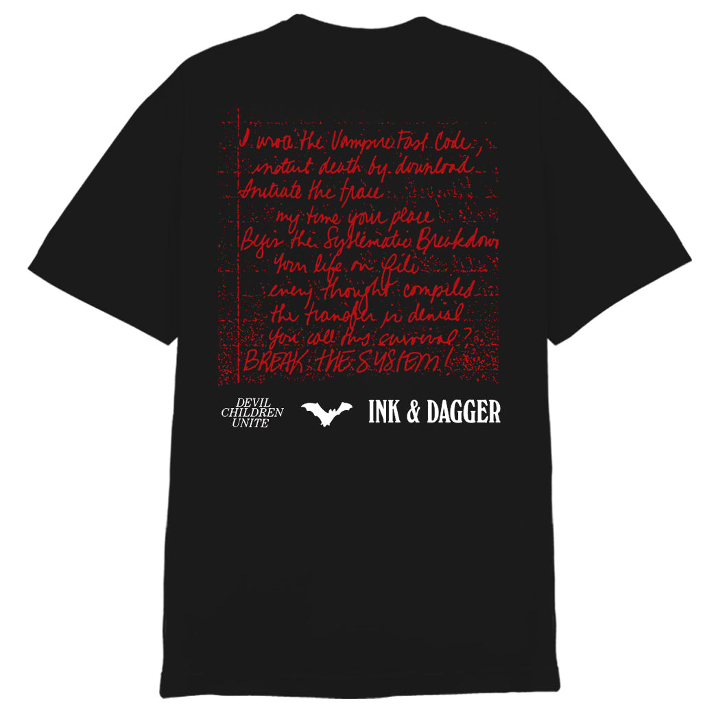The Ink & Dagger black Comfort Colors tee features red handwritten text in a square on the back, with white “Ink & Dagger” and “Children Unite” logos plus a bat graphic. Available for presale—don’t miss out!.
