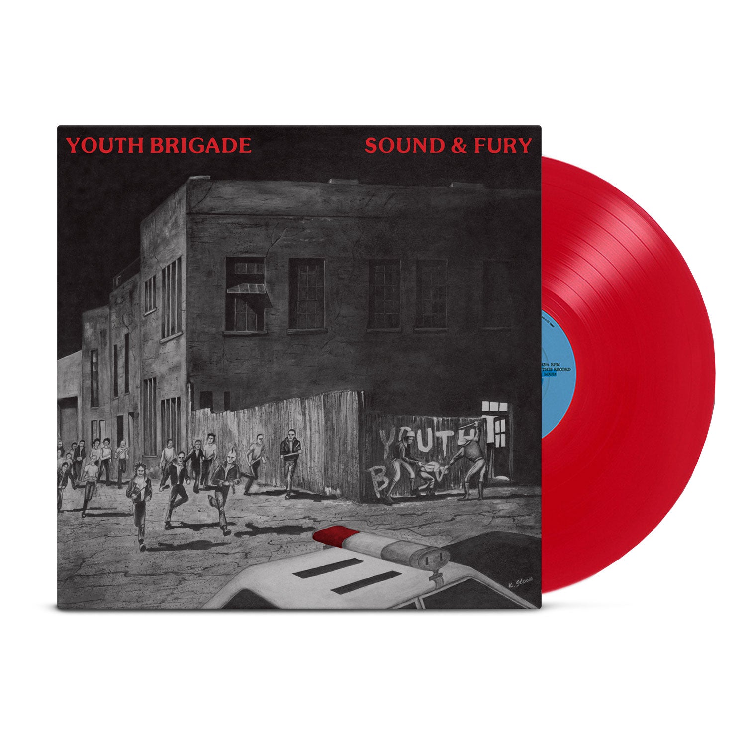 A Limited Edition red vinyl partially slides out of the Youth Brigade album Sound & Fury, whose cover features a black-and-white drawing of people running near a graffiti-covered wall and a police car in front.