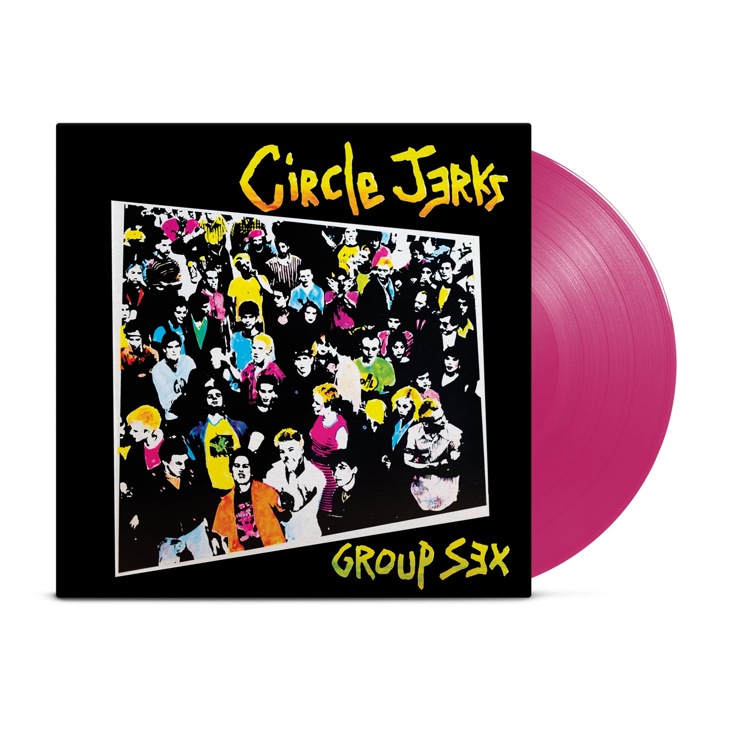 A Magenta Vinyl LP by Circle Jerks is partly out of its sleeve. The cover features yellow Circle Jerks and Group Sex text over a colorful, crowded punk collage, marking the Group Sex 40th Anniversary edition.