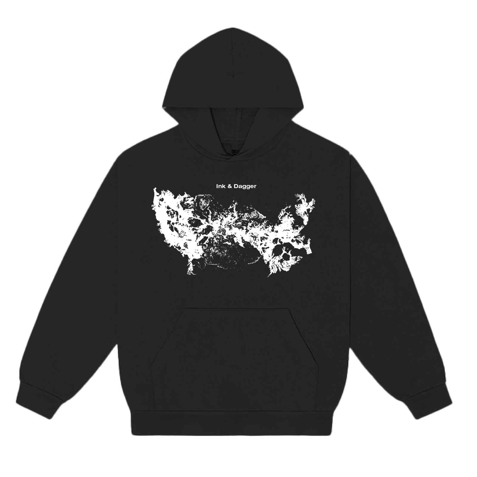 Ink & Dagger black hoodie with a white abstract ink-blot graphic and "Ink & Dagger" print above. Features front pocket, drawstring hood, premium print quality. This is a presale item.