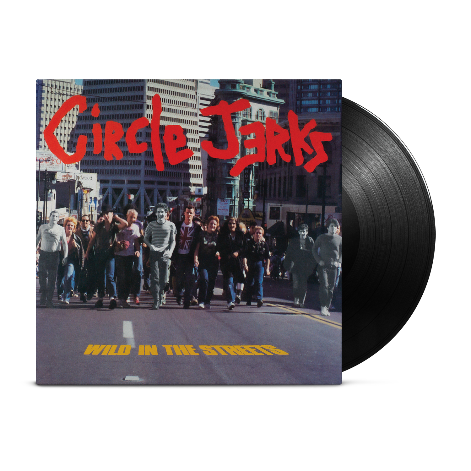 Circle Jerks Black Vinyl LP with album cover art of a crowd running on a city street. Circle Jerks appears in red graffiti text, and Wild In The Streets is written in yellow at the bottom.