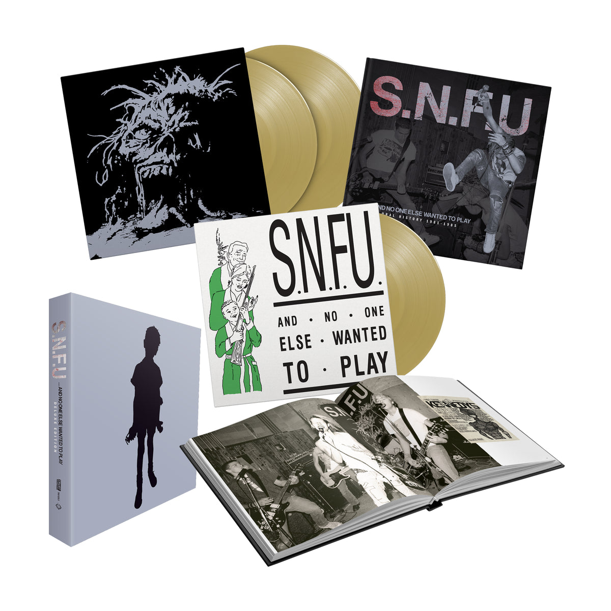 The SNFU limited edition deluxe box set of "And No One Else Wanted to Play" includes two gold vinyl records, album cover art, a hardcover photo book, and a booklet with band illustrations and text.