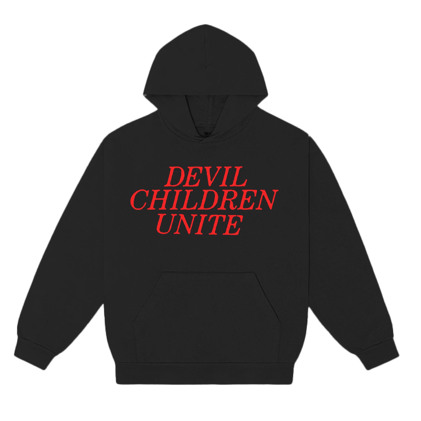 A black hoodie by Ink & Dagger, featuring bold red "DEVIL CHILDREN UNITE" lettering across the chest—ideal for fans of standout printed apparel.