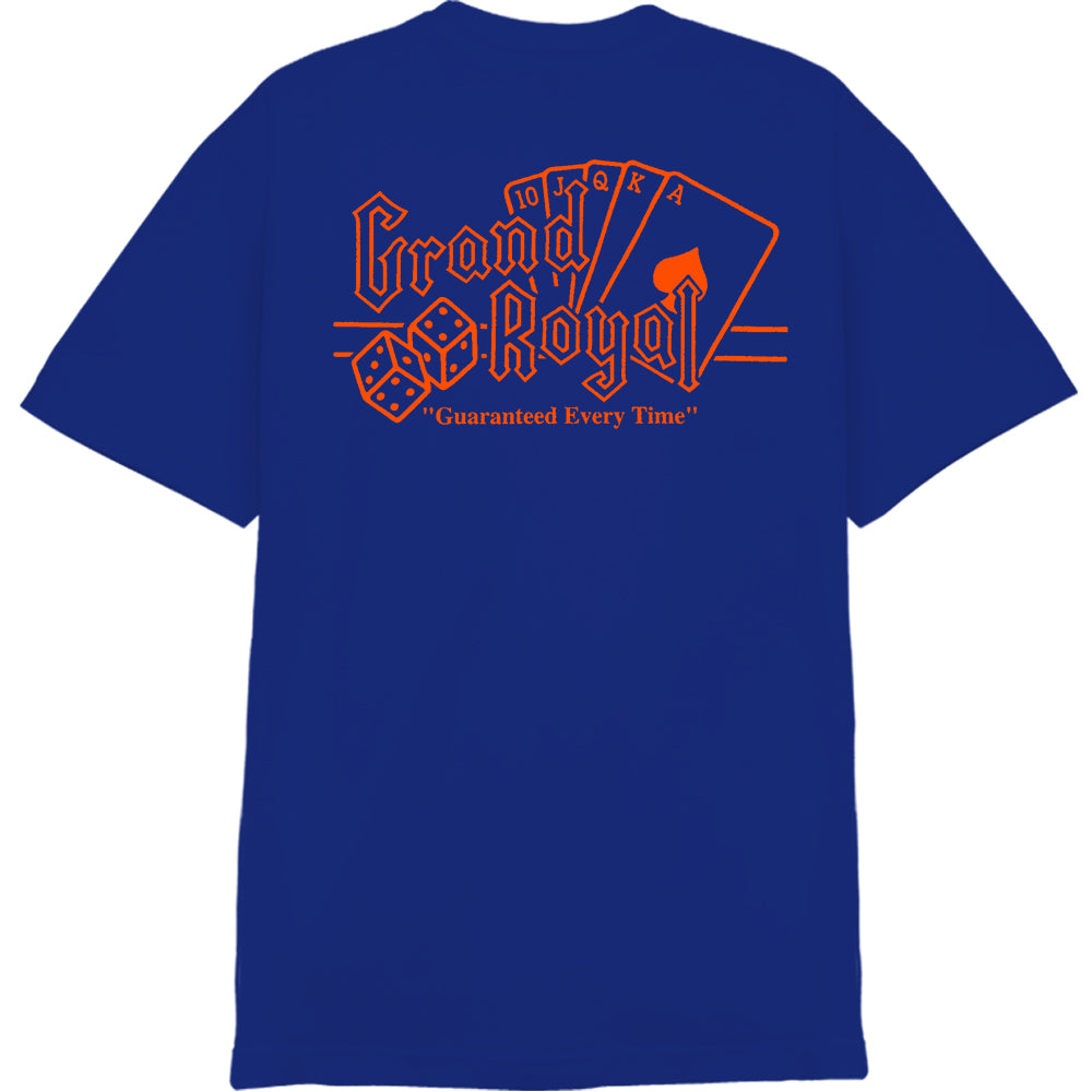 Blue t-shirt from Trust Records featuring orange graphics of two dice, three playing cards (10, jack, ace), and "Grand Royal" with "Guaranteed Every Time" text on the back—a must-have for Grand Royal and Beastie Boys fans.