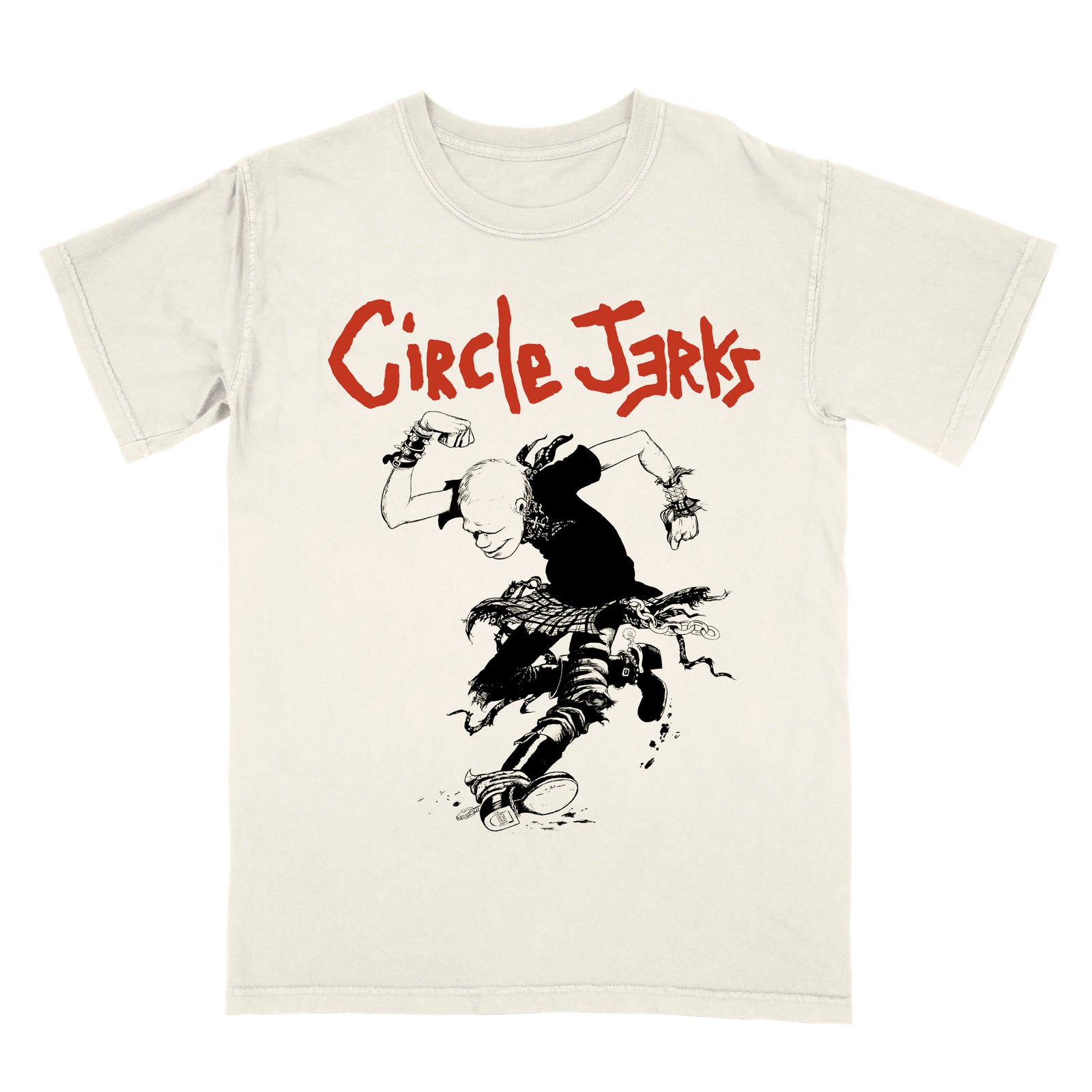 An ivory Circle Jerks Comfort Colors shirt with red "Circle Jerks" text above a black-and-white punk figure in motion, jumping or dancing with arms raised and torn clothing.