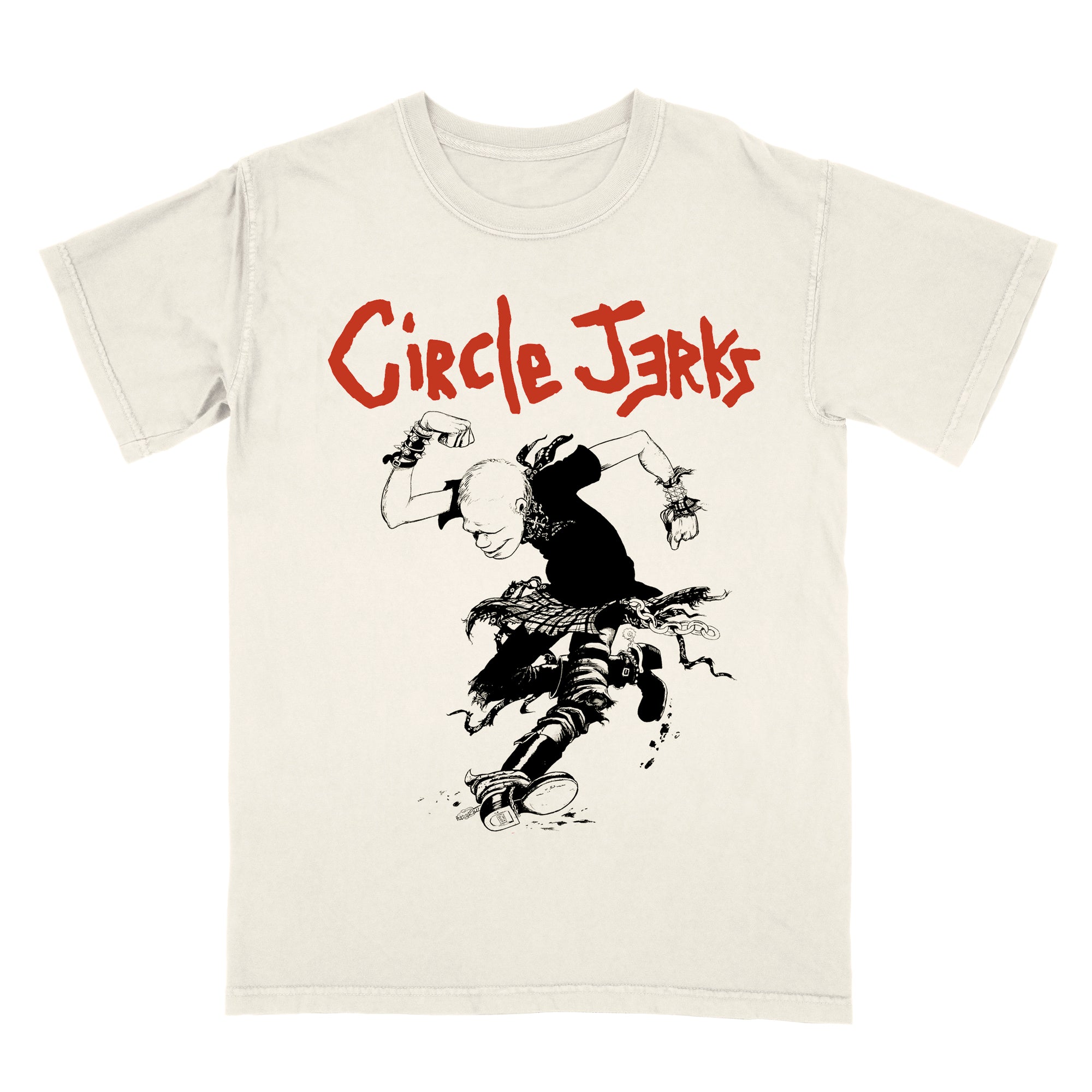 An ivory Circle Jerks Comfort Colors shirt with red "Circle Jerks" text above a black-and-white punk figure in motion, jumping or dancing with arms raised and torn clothing.