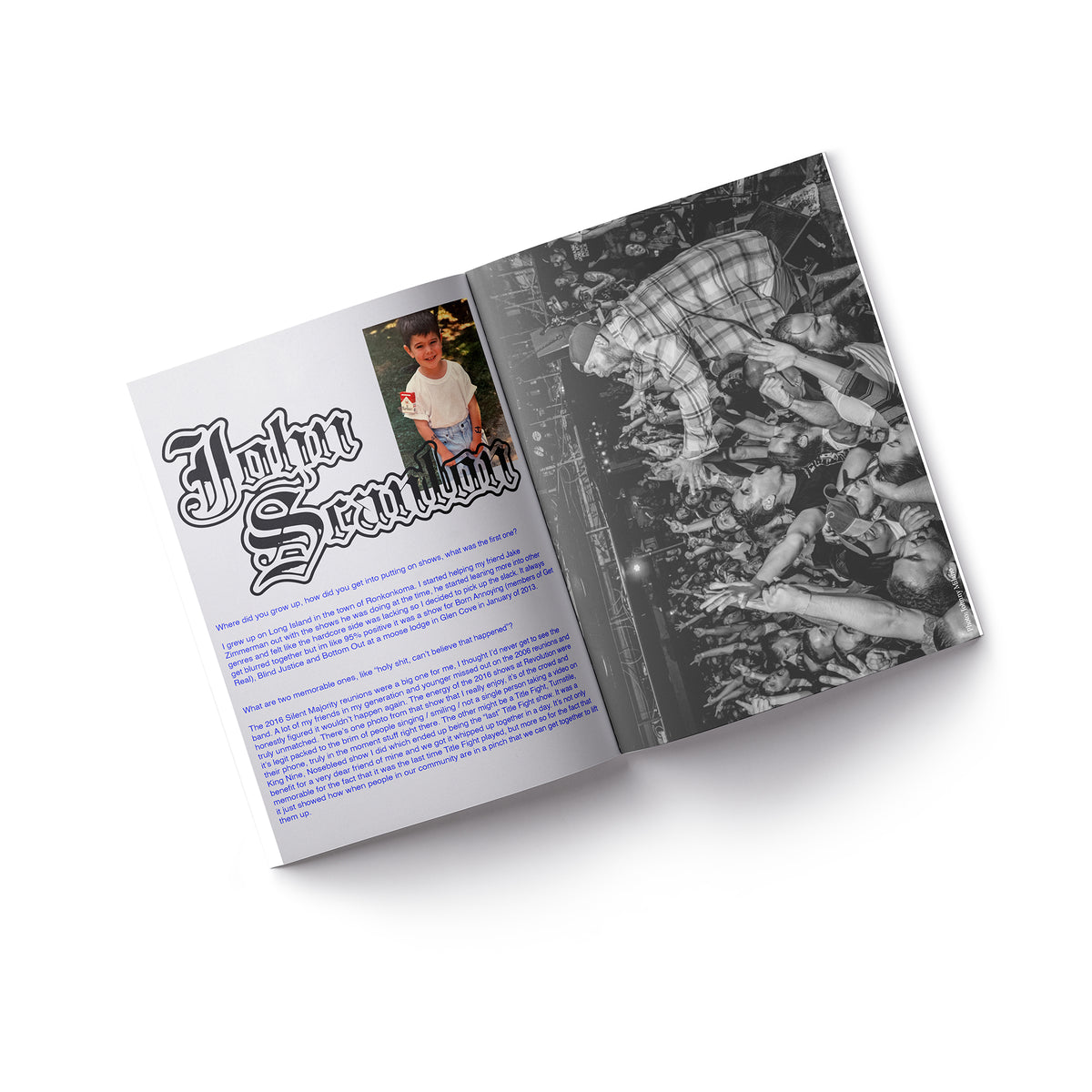 An open Trust Records magazine, issue 4, displays a color photo of a smiling child with playful text and a black-and-white uncoated page featuring a performer leaning over cheering fans at a concert.