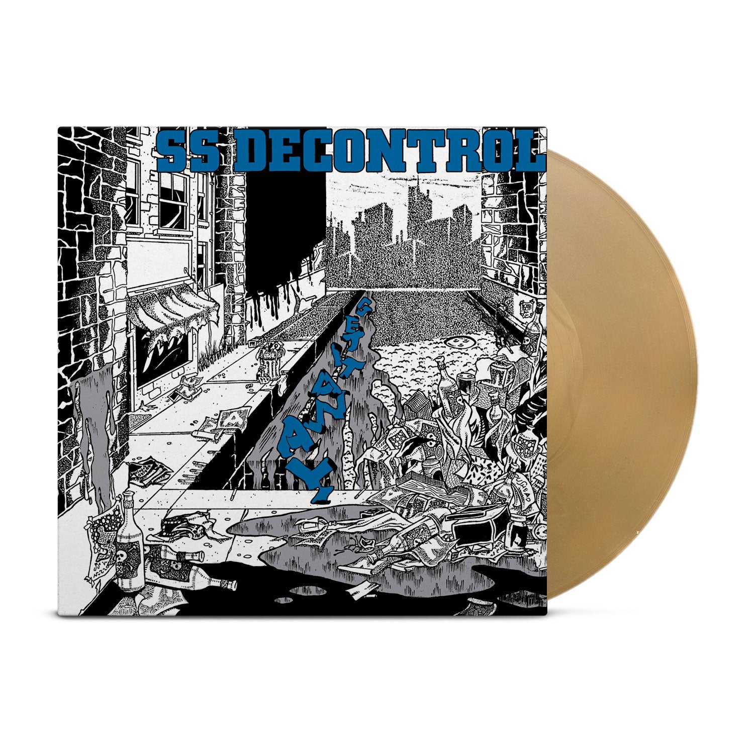 SS Decontrol’s "The Kids Will Have Their Say" album cover shows a chaotic black-and-white city street, blue band name at the top, and a glimpse of a gold limited edition vinyl on the right.