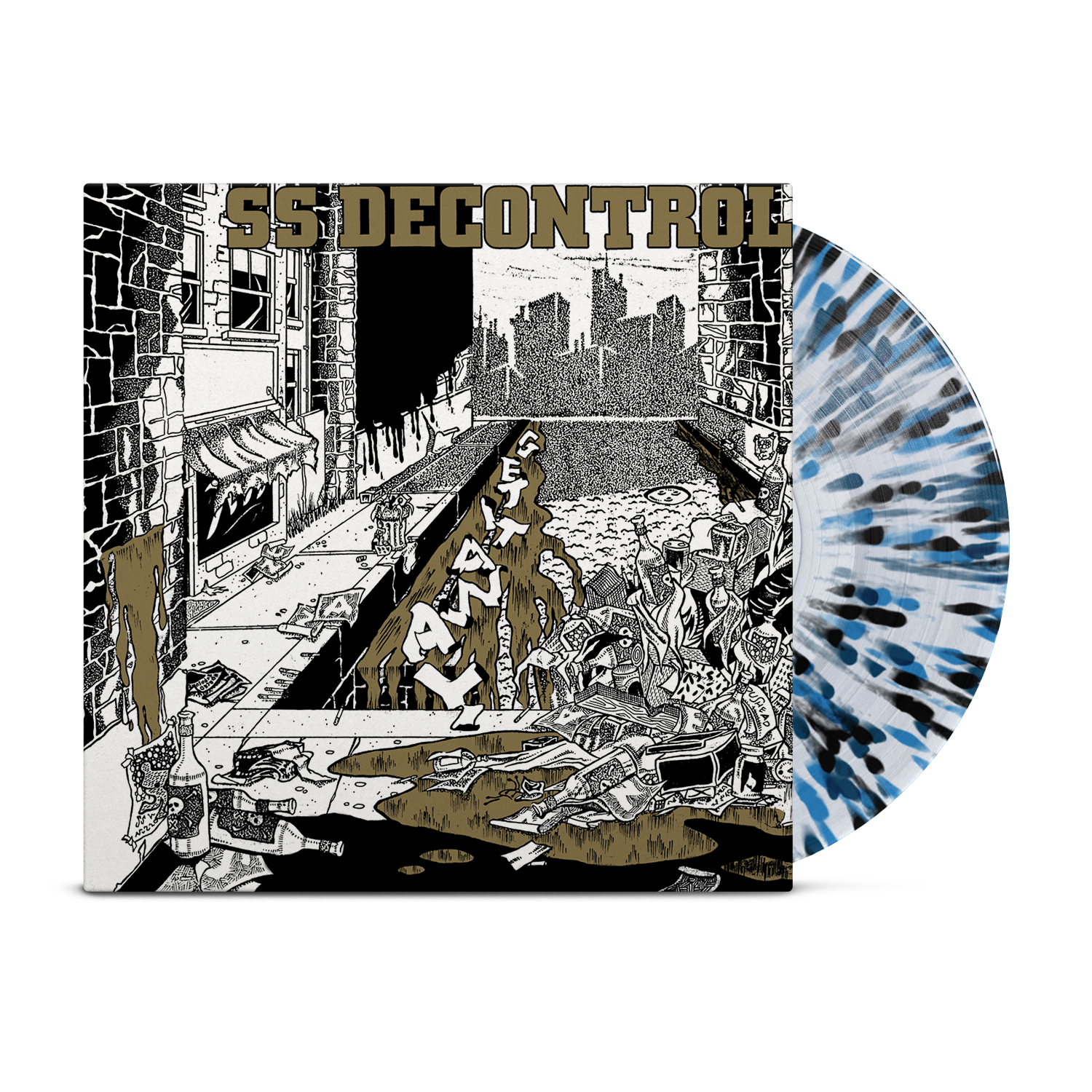 SS Decontrols Get It Away XCLAIM edition features an illustrated album cover of a chaotic urban street. The partially visible vinyl has a splatter pattern in white, black, and blue.