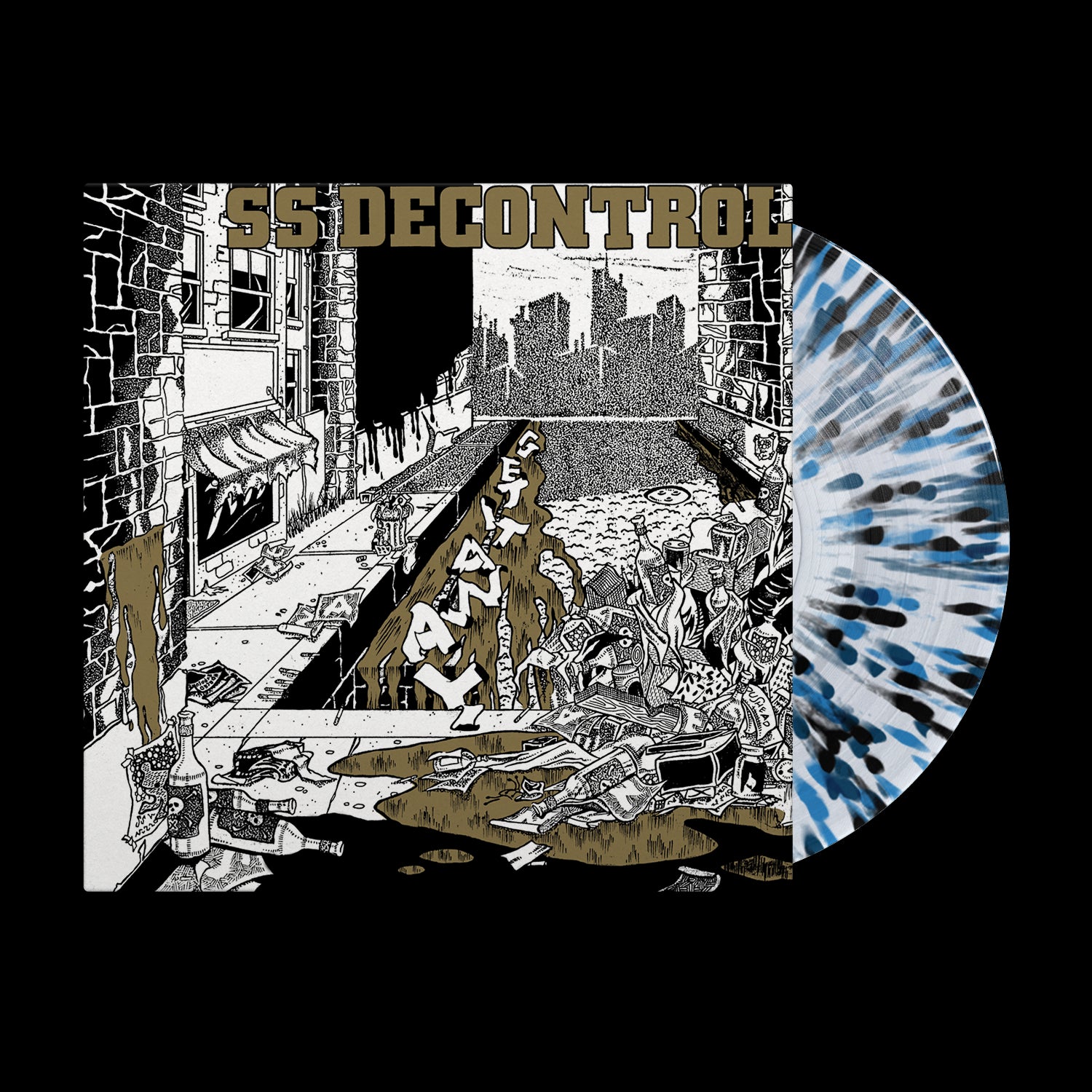 SS Decontrols Get It Away XCLAIM edition features an illustrated album cover of a chaotic urban street. The partially visible vinyl has a splatter pattern in white, black, and blue.