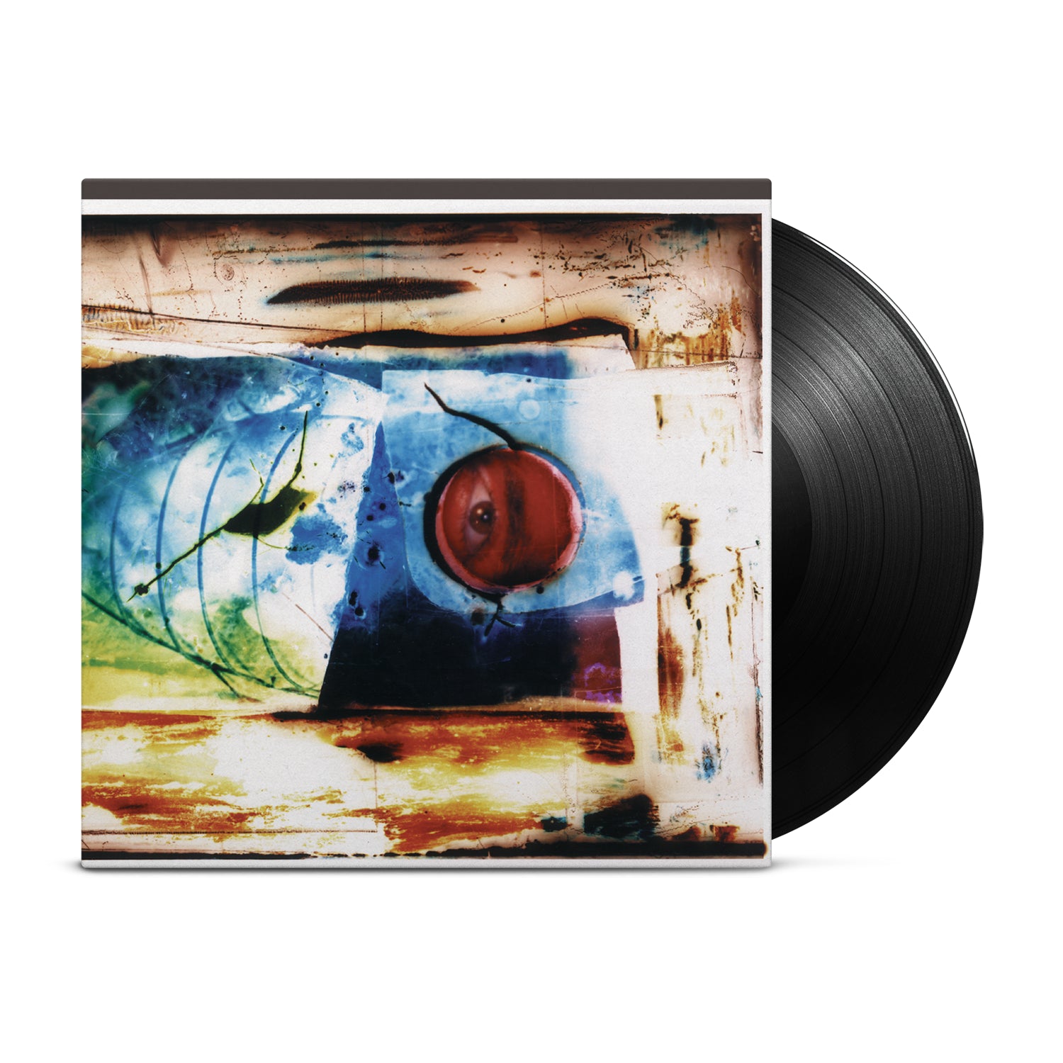 A black vinyl record by Ink & Dagger partially slides from its abstract album cover, which features bold blue, green, and red brushstrokes, organic shapes, and a prominent red circle on a textured multicolored background.