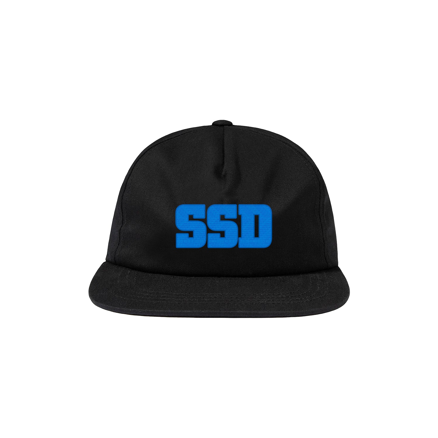 A black flat-brim baseball hat from SS Decontrol, featuring a bold blue embroidered SSD logo on the front, shown against a plain white background.