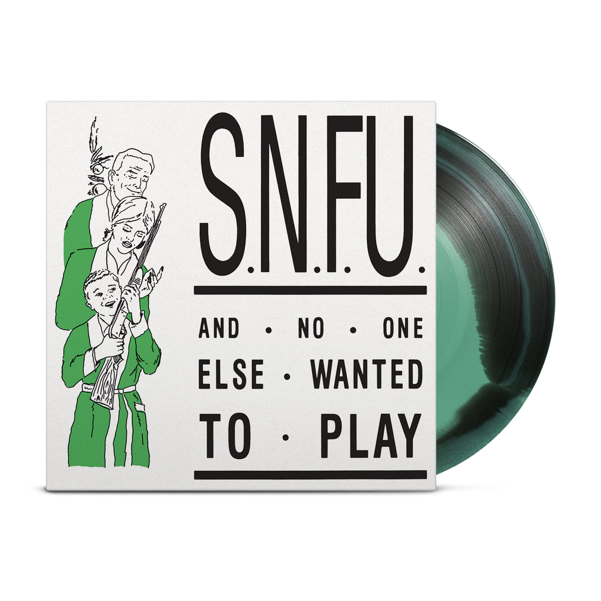 A mint green limited edition SNFU vinyl, partially in sleeve, features the cover “And No One Else Wanted To Play” in bold and a green line drawing of three people with sticks and branches.