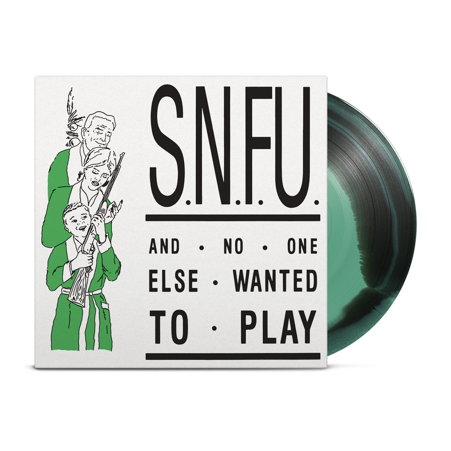 The SNFU Deluxe Edition Box Set includes limited edition mint green vinyl, an illustrated booklet, a hardcover book, a sticker, and album covers with punk-inspired artwork and band photos.