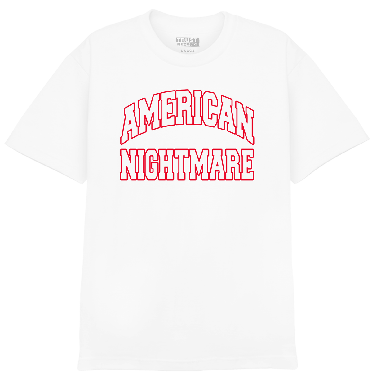 A white Comfort Colors t-shirt by American Nightmare featuring bold red, varsity-style "AMERICAN NIGHTMARE" screenprinted across the chest.