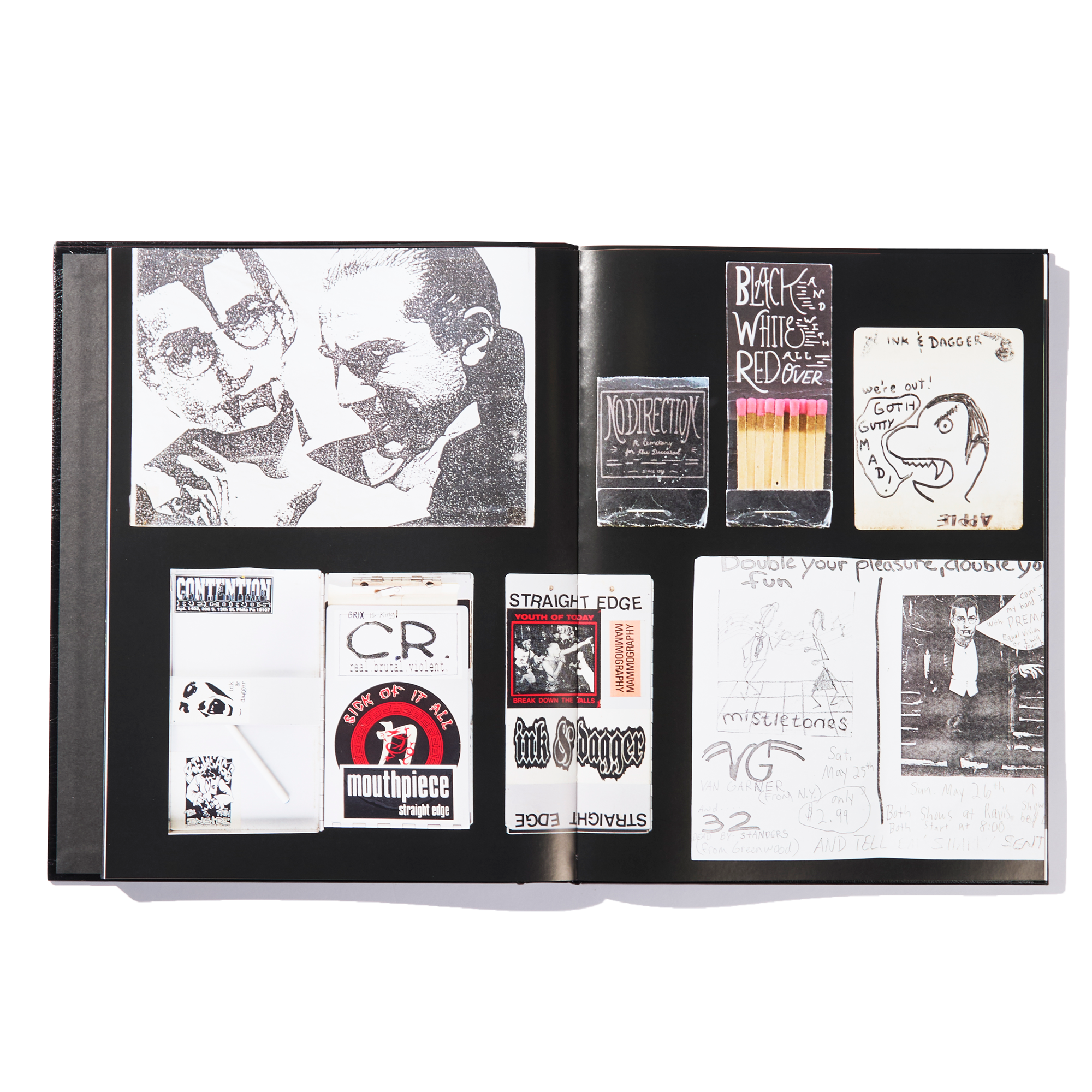 An open black photo album displays zines, flyers, and stickers with punk and DIY art from Ink & Dagger—including limited edition monochrome drawings, handwritten notes, and vintage-style graphics—all arranged on black pages.