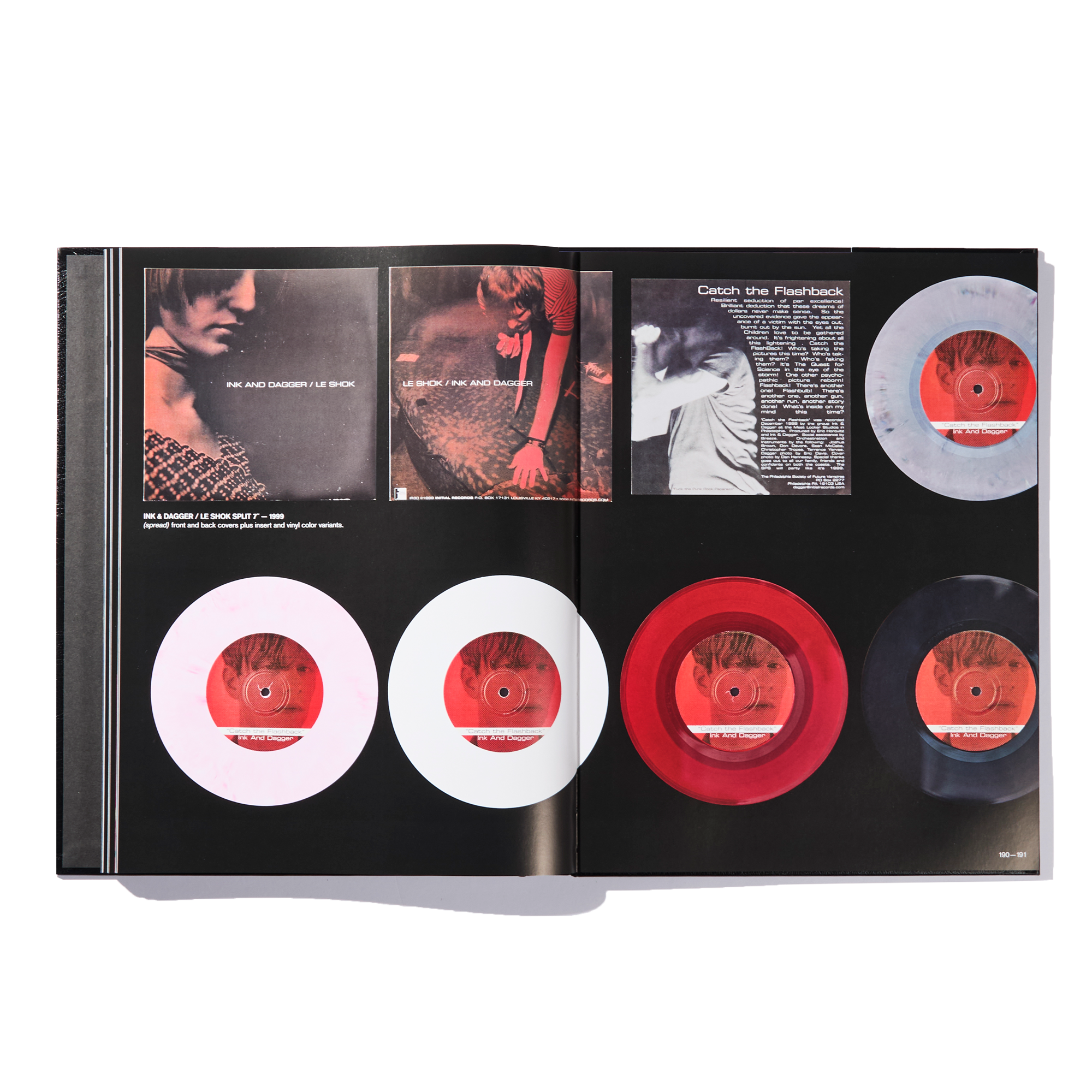 An open book reveals six vinyl records and vintage album art featuring people, all from Ink & Dagger. The limited edition vinyls—in striking red, white, and black—are arranged in two neat rows atop contrasting black and white backgrounds. This special collection celebrates the dynamic spirit of Ink & Dagger alongside The Almighty book’s thoughtfully curated visuals.