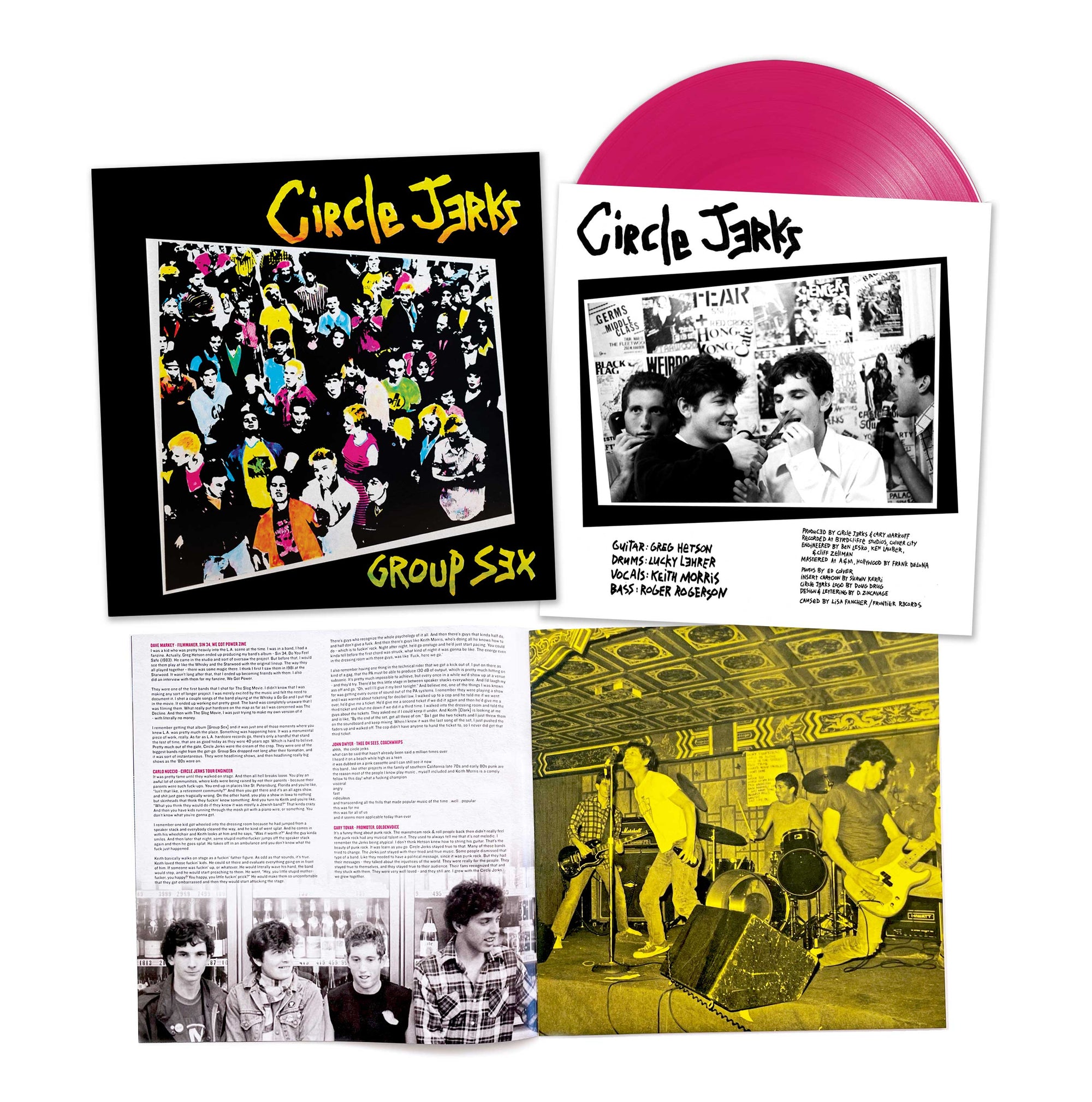 Circle Jerks’ “Group Sex 40th Anniversary” magenta vinyl LP by Circle Jerks includes bonus tracks, the classic cartoon cover, a band photo insert, and a yellow-tinted live concert photo with text and band images.