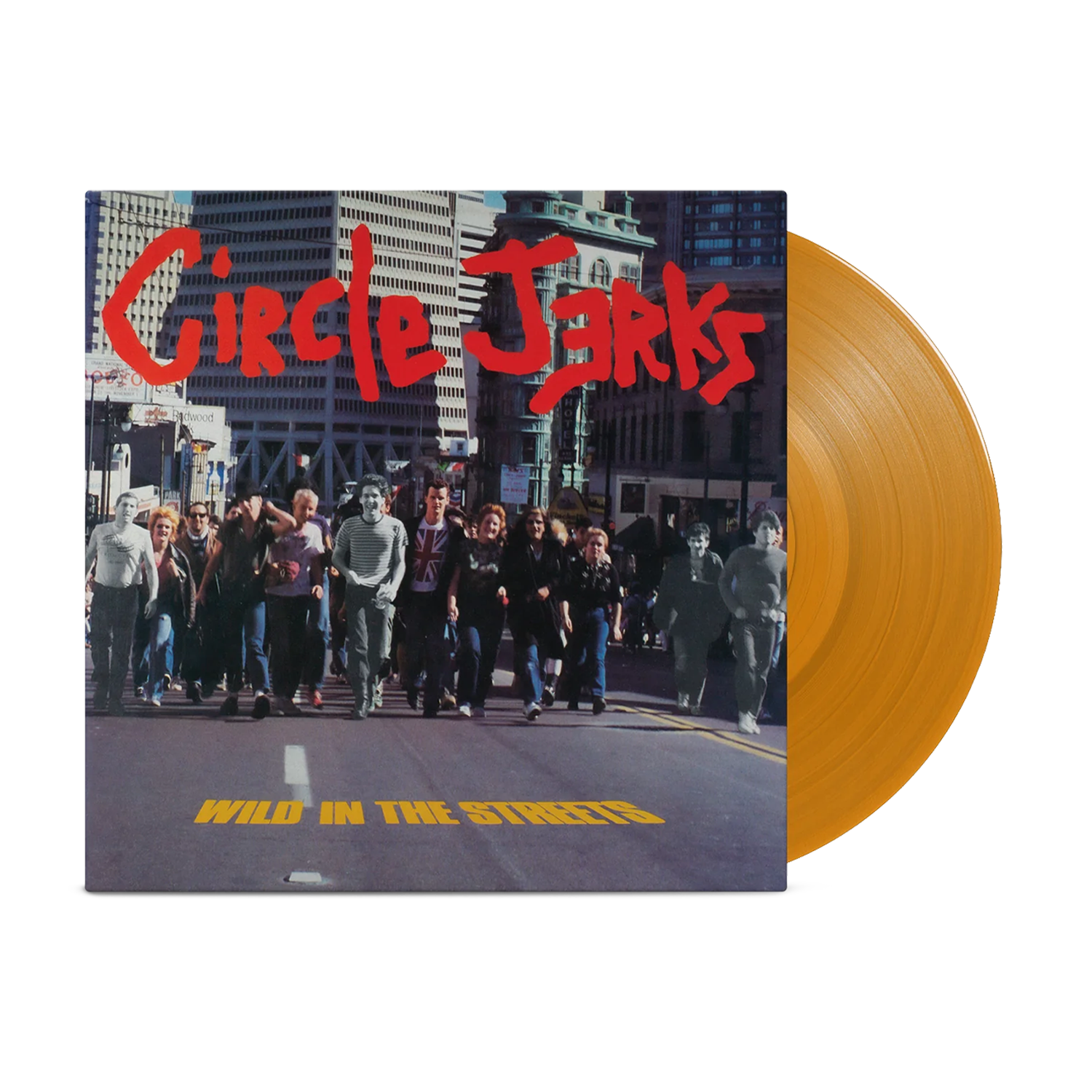 The image shows a Circle Jerks vinyl record with an orange-golden disc and an album cover depicting a crowd running on a city street, featuring the bands name in red and Wild In The Streets in yellow text.