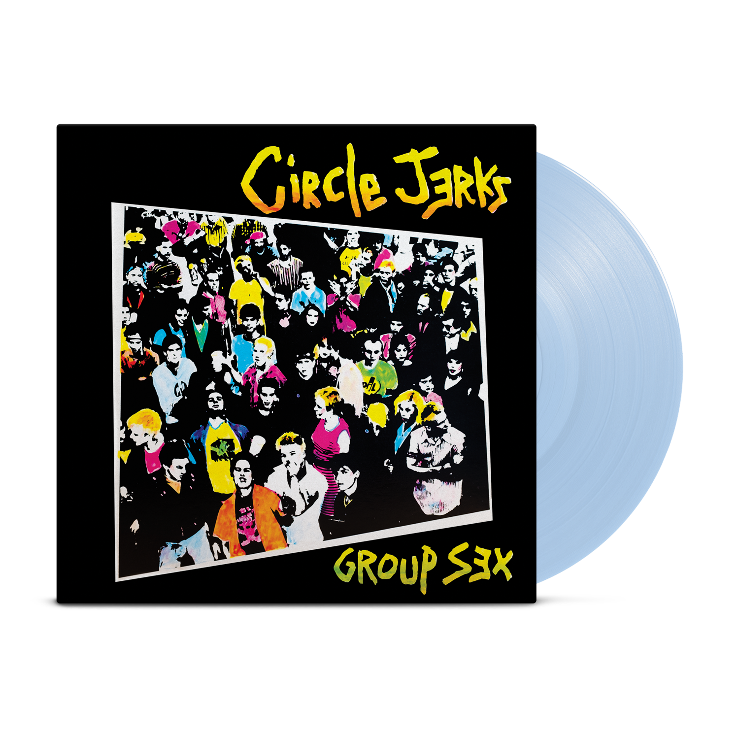 The Circle Jerks “Group Sex” album cover shows a neon punk crowd with bold yellow text, plus a partially visible translucent blue vinyl LP behind the cover.