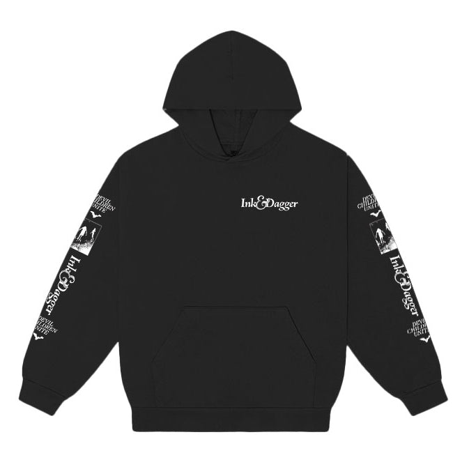 The Ink & Dagger black hoodie features a front pocket, the brand's name on the chest, and bold white graphics down both sleeves. Made from premium Independent Trading Co. fabric, it’s ideal for custom clothing enthusiasts.