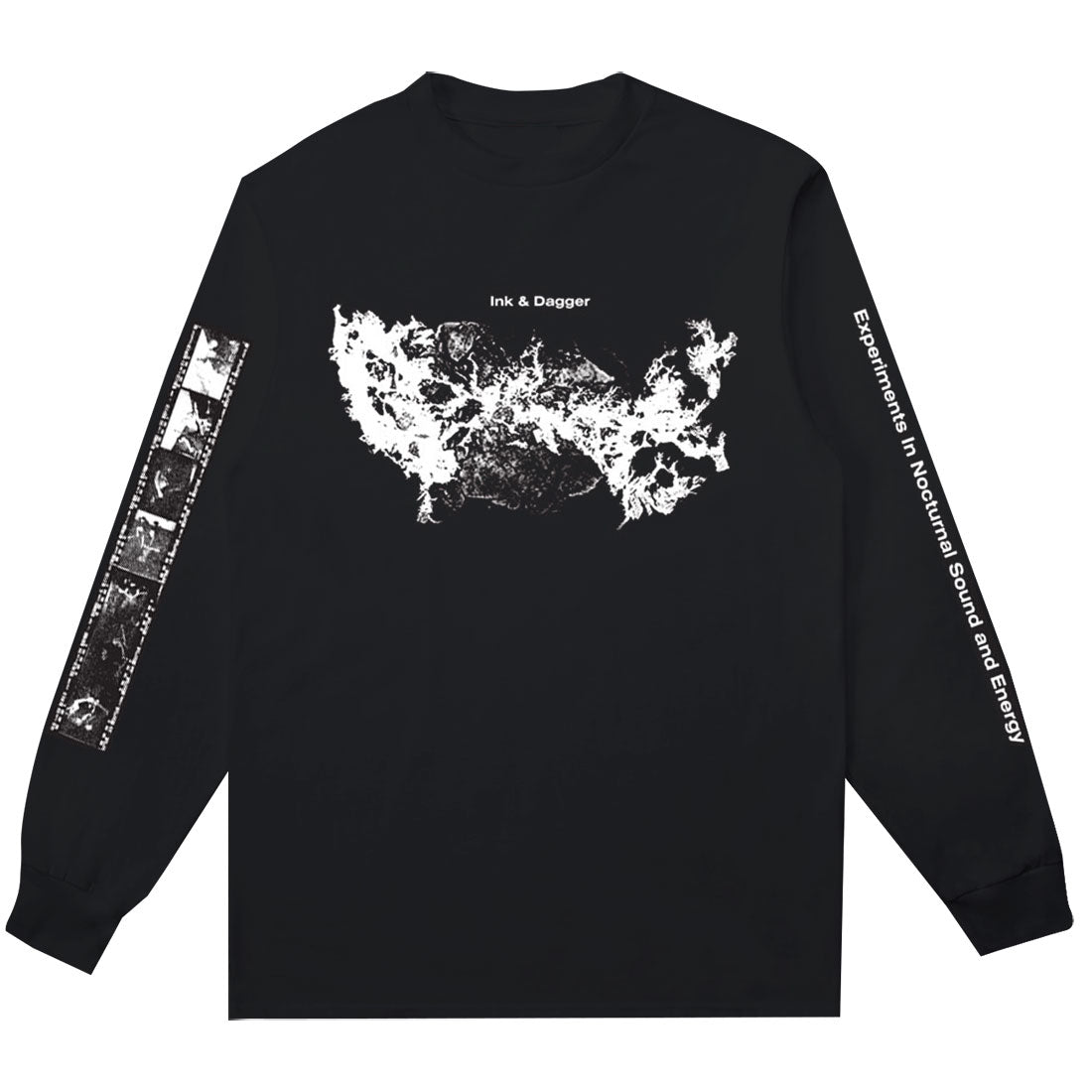 Ink & Dagger black long-sleeve Comfort Colors shirt with a white abstract map design and band name on the front, film strip images on one sleeve, and "Experiments in Nocturnal Sound and Energy" text on the other.