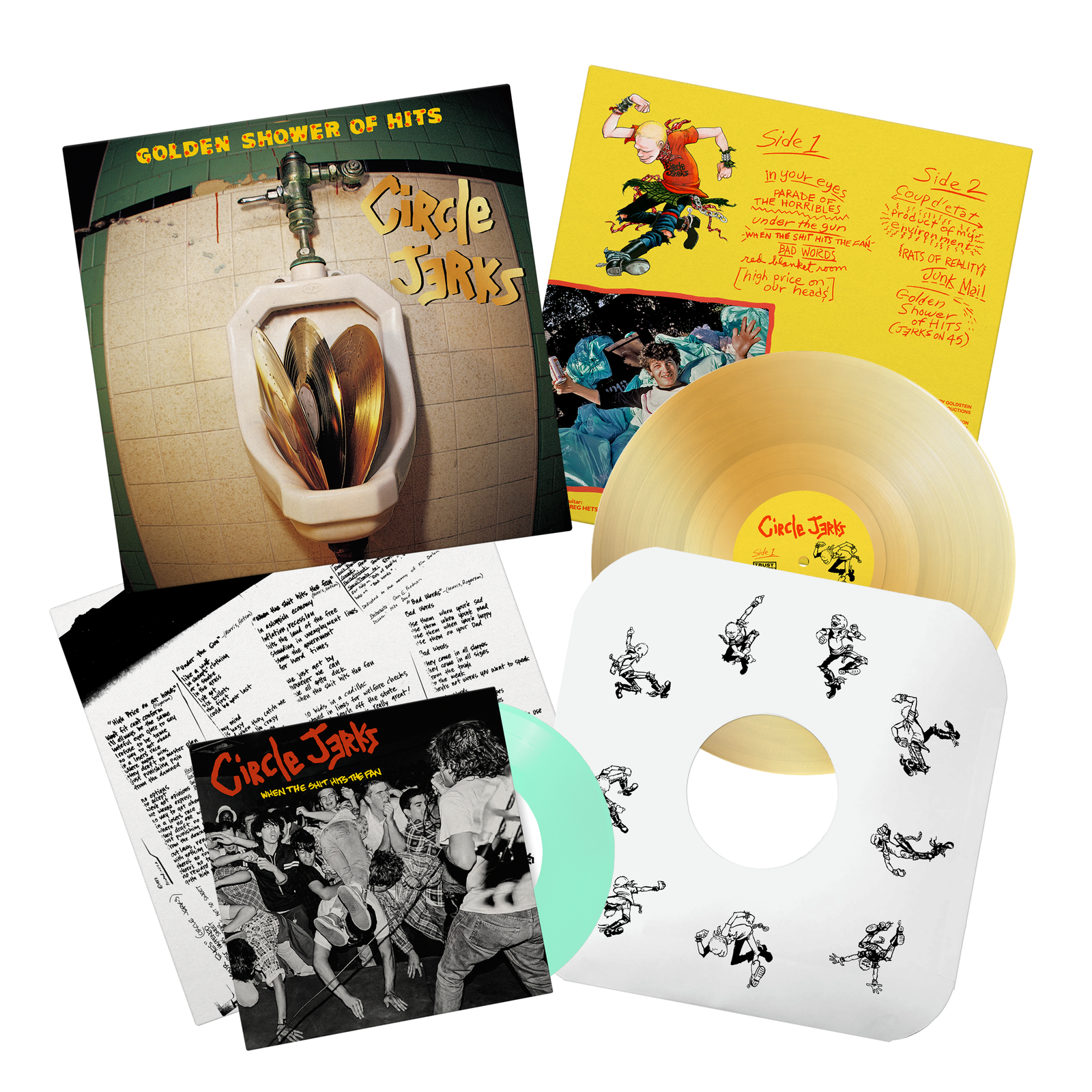 Circle Jerks vinyl box set: Golden Shower of Hits with iconic urinal cover, two colored records (yellow & mint green), lyric sheet, and exclusive punk band artwork.