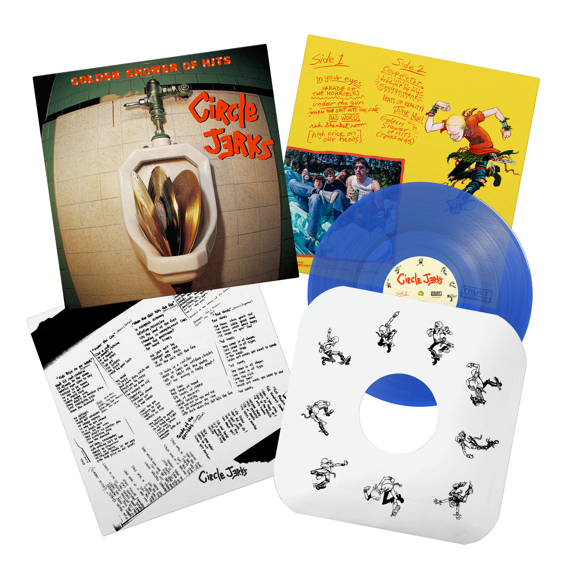The Circle Jerks Golden Shower of Hits vinyl set includes a blue record, album cover with urinal and gold records, lyric sheet, illustrated inner sleeve, and colorful insert featuring band photos and cartoon art.