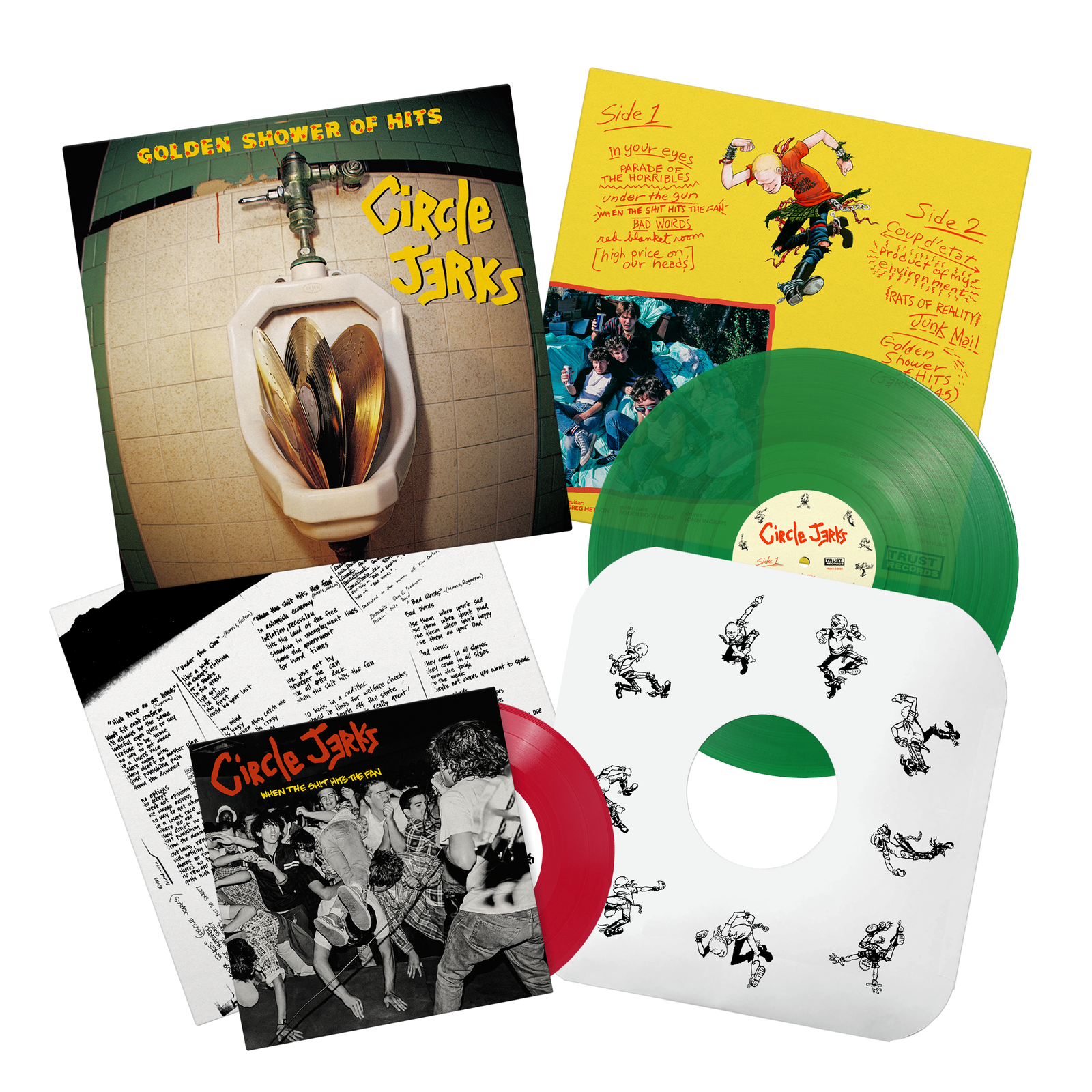 A Trust Records exclusive, this Circle Jerks vinyl box set for Golden Shower of Hits includes green and red records, band photo covers, lyric inserts, and a urinal-themed main cover.