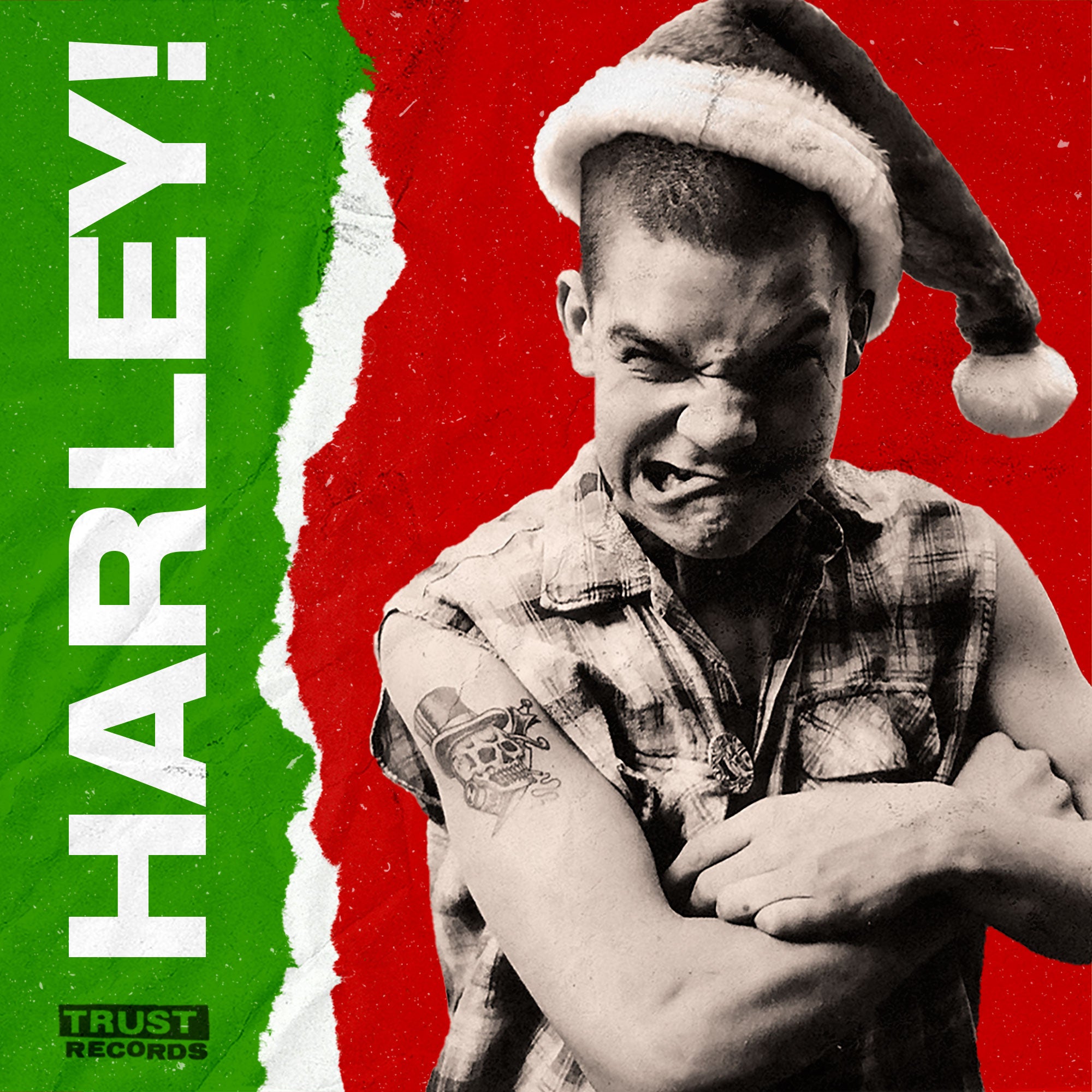 A person wearing a Santa hat and sleeveless shirt flexes their arm, showing a skull tattoo, against a red and green background with the word HARLEY! in bold text. The Trust Records logo appears at the bottom left.