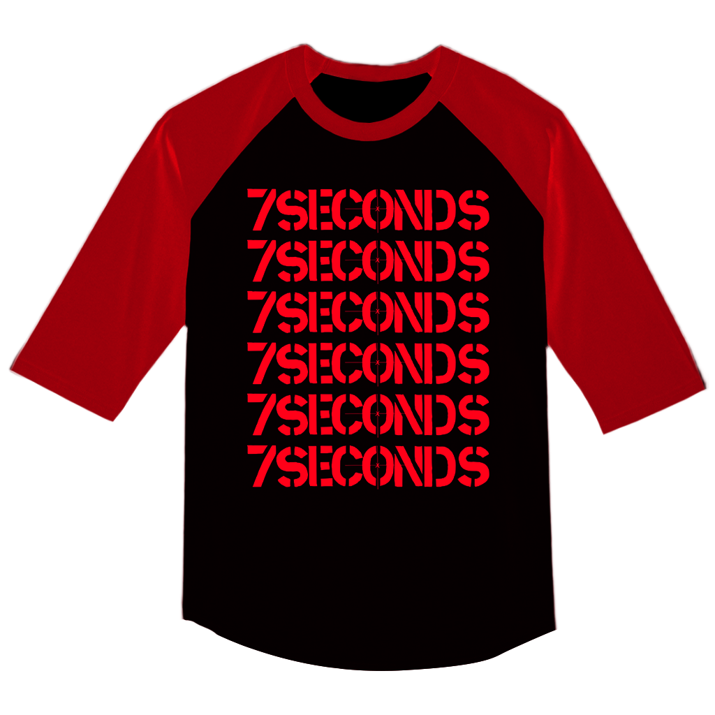 A black and red raglan-sleeve shirt from 7 Seconds features the band name repeated seven times in bold red stencil-style letters on the front.