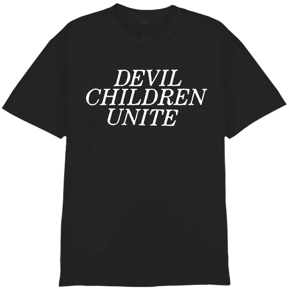 A black Ink & Dagger Comfort Colors T-shirt featuring "DEVIL CHILDREN UNITE" in bold white uppercase letters across the chest—ideal for fans of distinctive printed apparel.