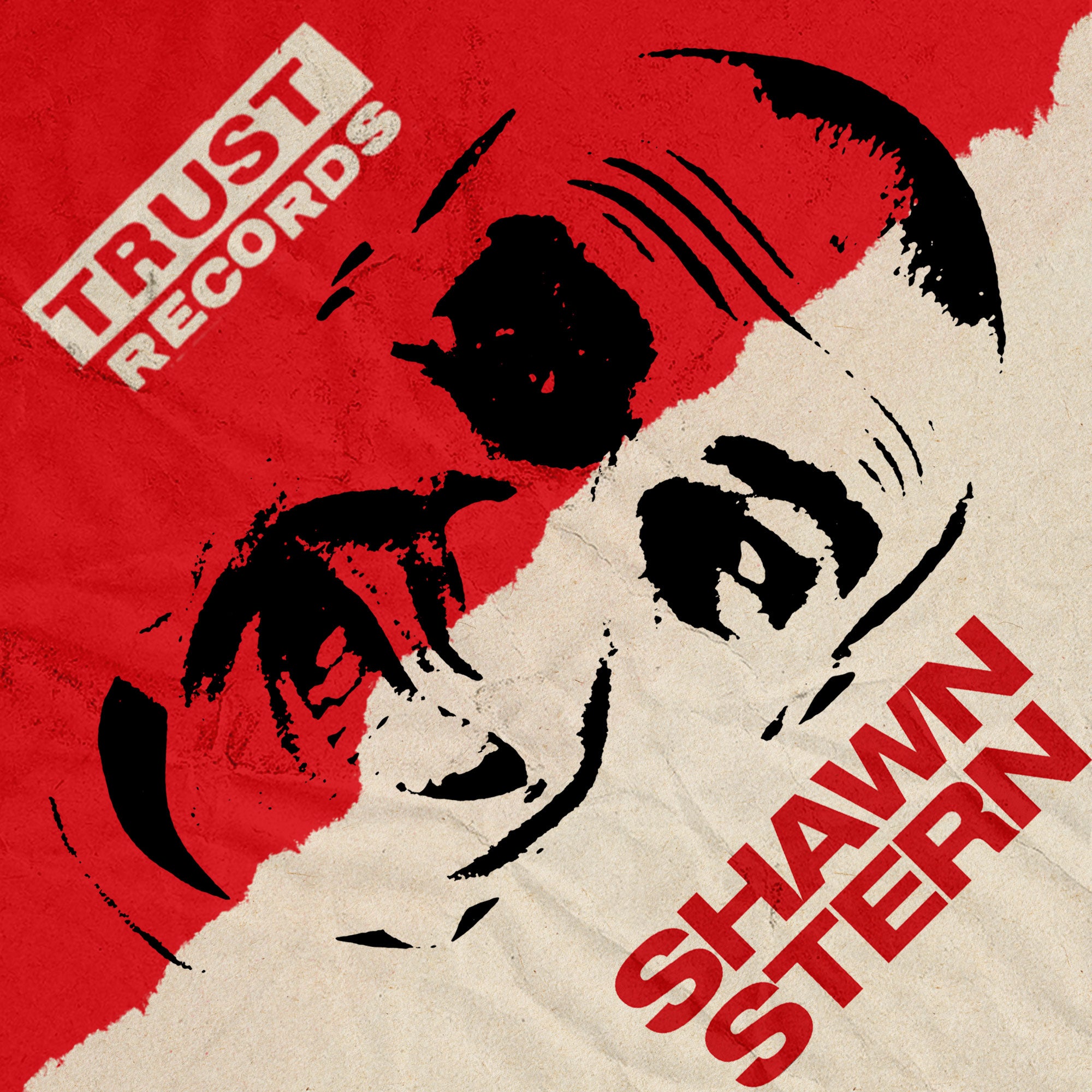 Red and beige poster with a stylized, abstract face split by color. TRUST RECORDS is in bold red and white on the top left, and SHAWN STERN in large red letters on the bottom right.