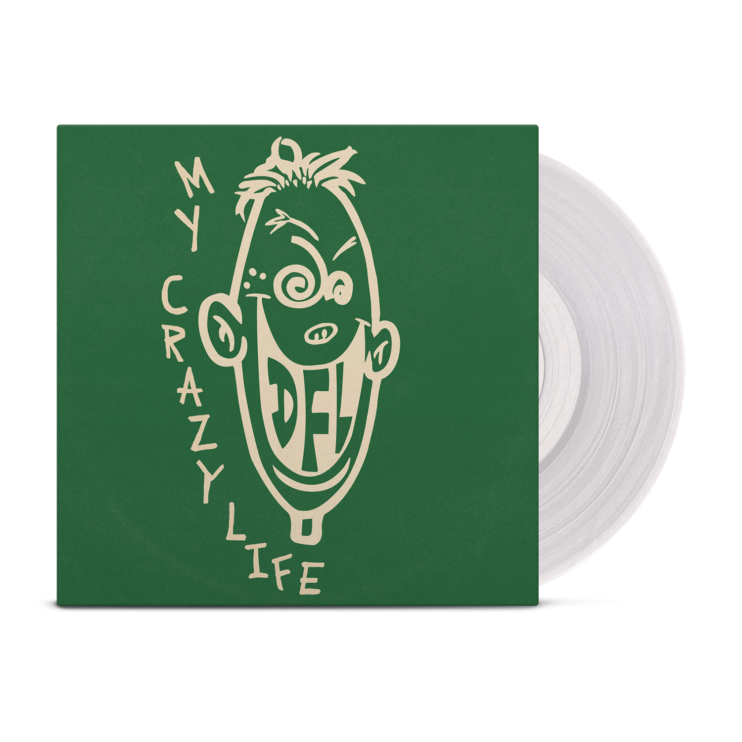 A green cover features a cartoon face with DFL in its mouth, framed by MY CRAZY LIFE. This Clear Vinyl Edition is released by DFL on Grand Royal Records.