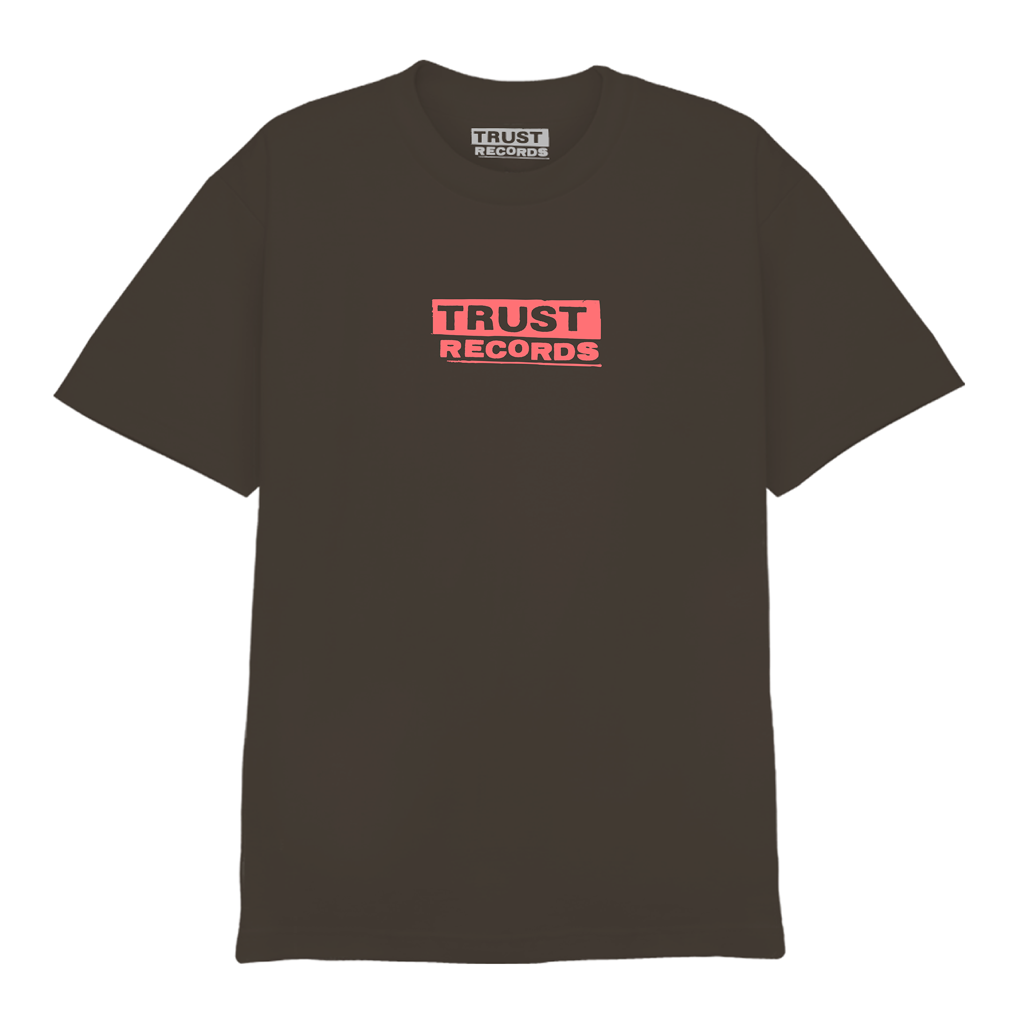 This black Trust Records Comfort Colors T-shirt features bold white and pink TRUST RECORDS text on the front and inner collar label. Screenprinted for a lasting, custom look.