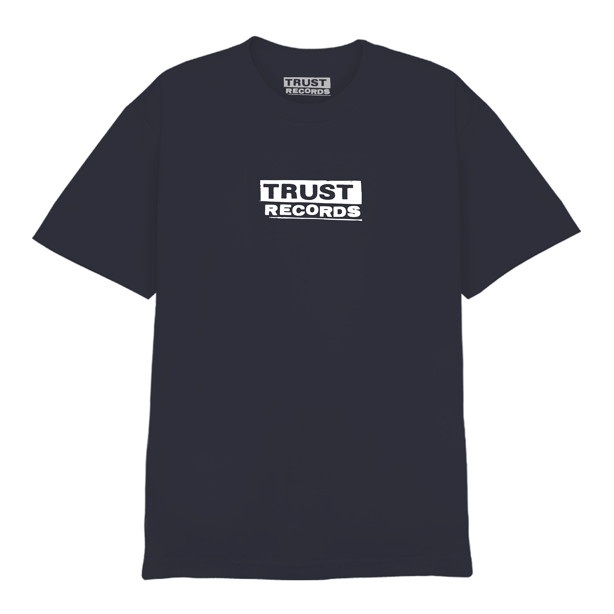 A black Trust Records Comfort Colors T-shirt featuring a small, centered white TRUST RECORDS logo in bold capitals on the chest and the same logo on the inner neck label.