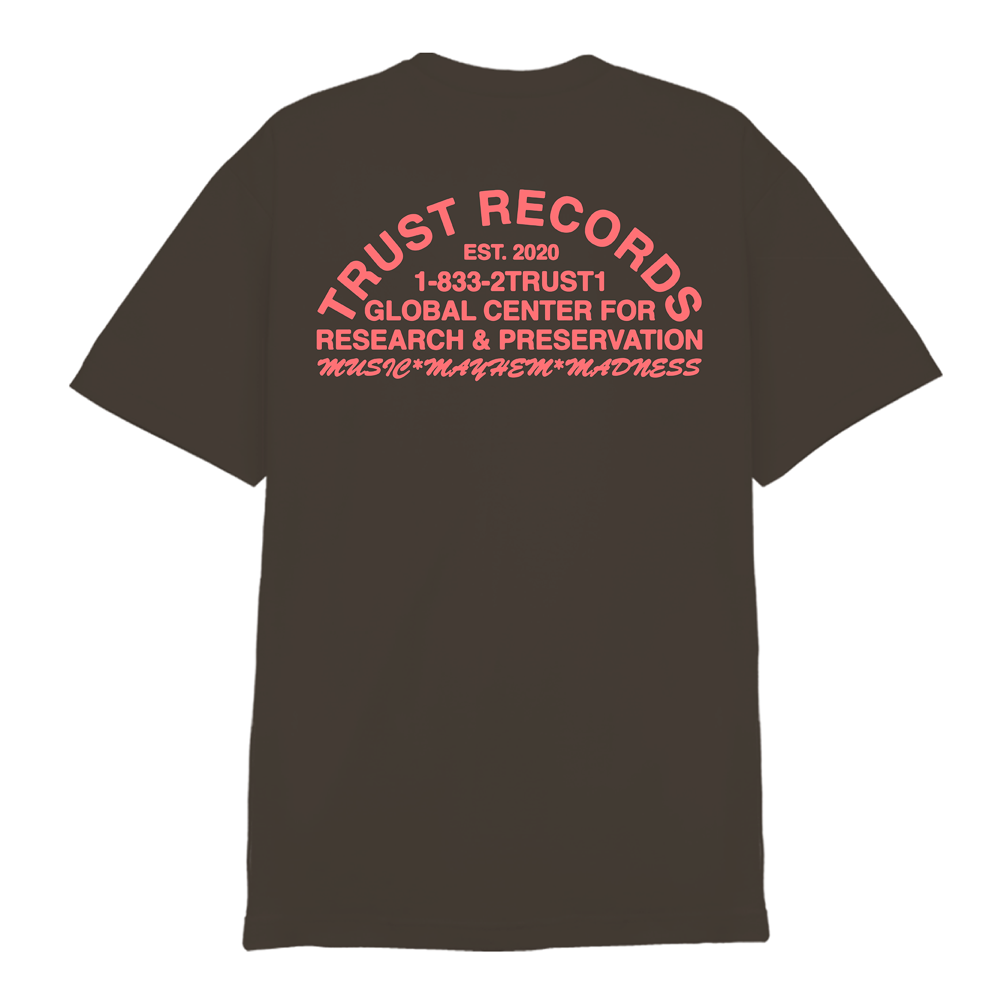 This black Trust Records Comfort Colors T-shirt features bold white and pink TRUST RECORDS text on the front and inner collar label. Screenprinted for a lasting, custom look.