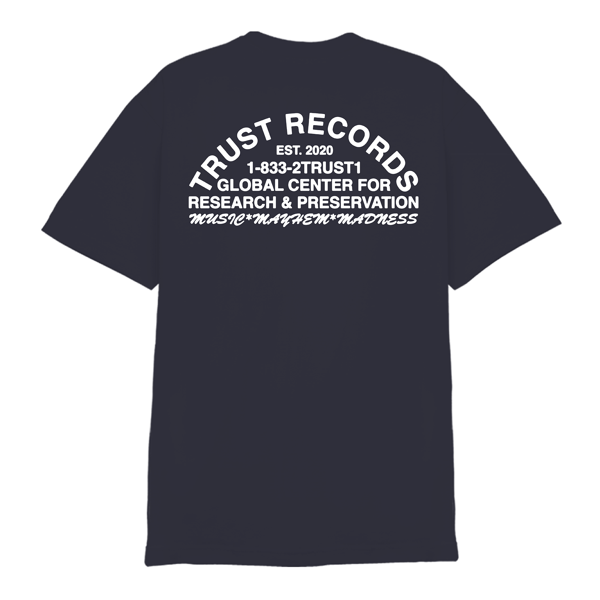 A black Trust Records Comfort Colors T-shirt featuring a small, centered white TRUST RECORDS logo in bold capitals on the chest and the same logo on the inner neck label.