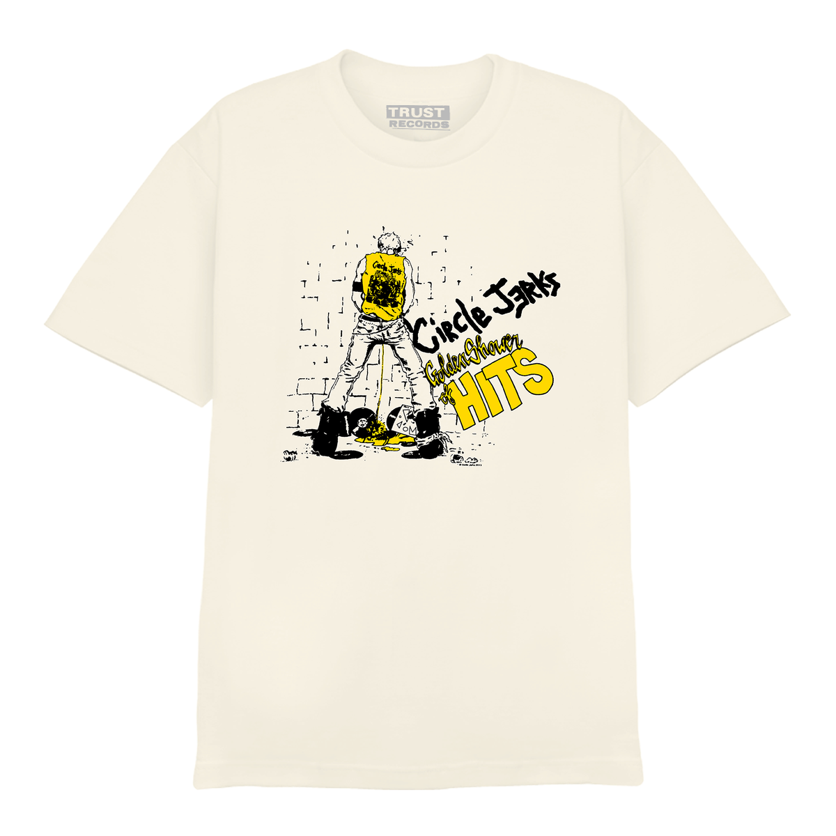 A beige Circle Jerks Comfort Colors T-shirt with cartoon art of a person urinating on a wall, bold graffiti-style &quot;Circle Jerks&quot; and &quot;Golden Shower of Hits&quot; text, capturing a true punk rock vibe.