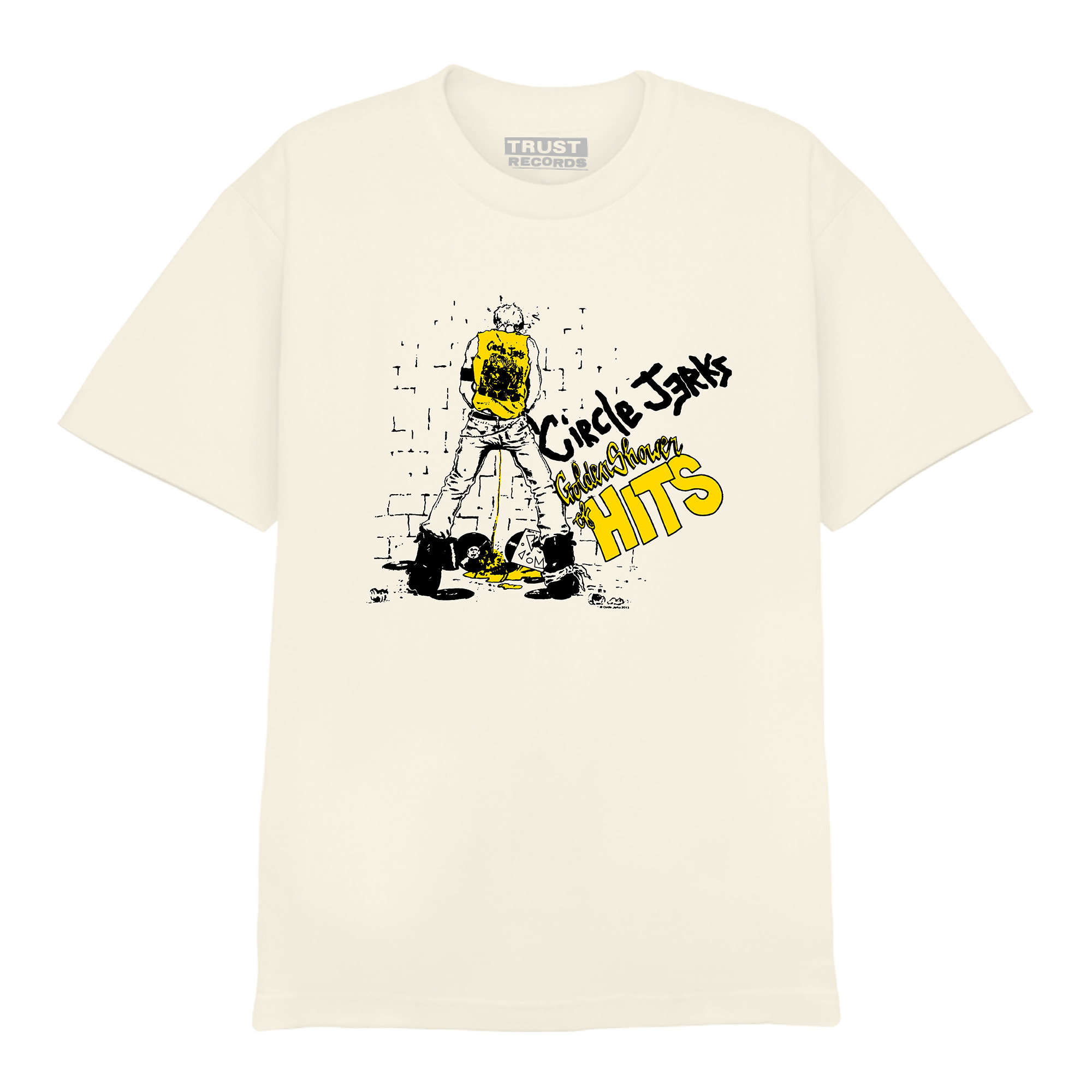 A beige Circle Jerks Comfort Colors T-shirt with cartoon art of a person urinating on a wall, bold graffiti-style "Circle Jerks" and "Golden Shower of Hits" text, capturing a true punk rock vibe.